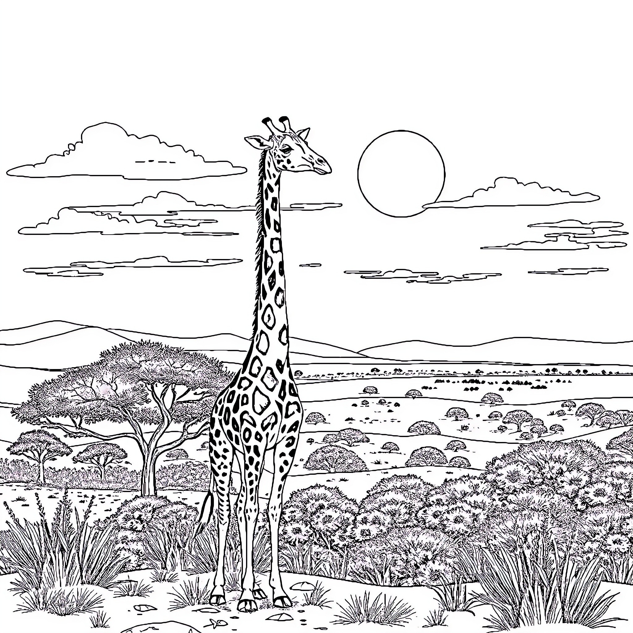Giraffe standing tall in African landscape Coloring Page (free black-and-white line drawing printable PDF for all, from beginners to advanced learners, including children, teens, adults, and seniors)