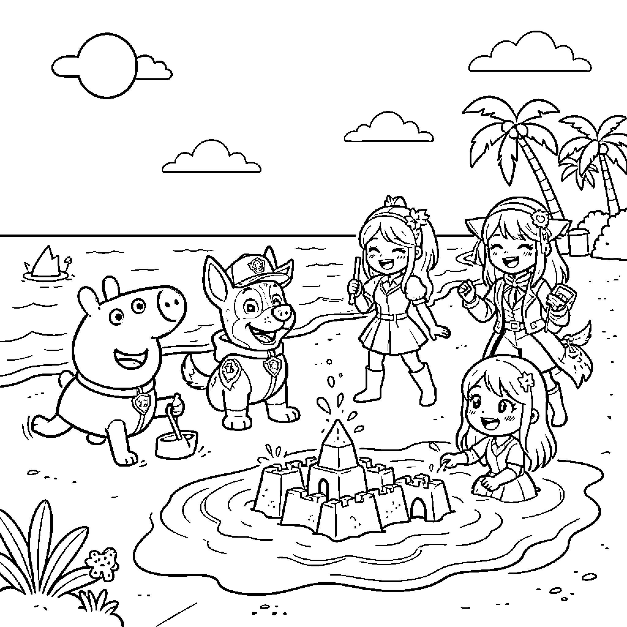 Pepa Pig and friends building a sandcastle at the beach Coloring Page (free black-and-white line drawing printable PDF for all, from beginners to advanced learners, including children, teens, adults, and seniors)
