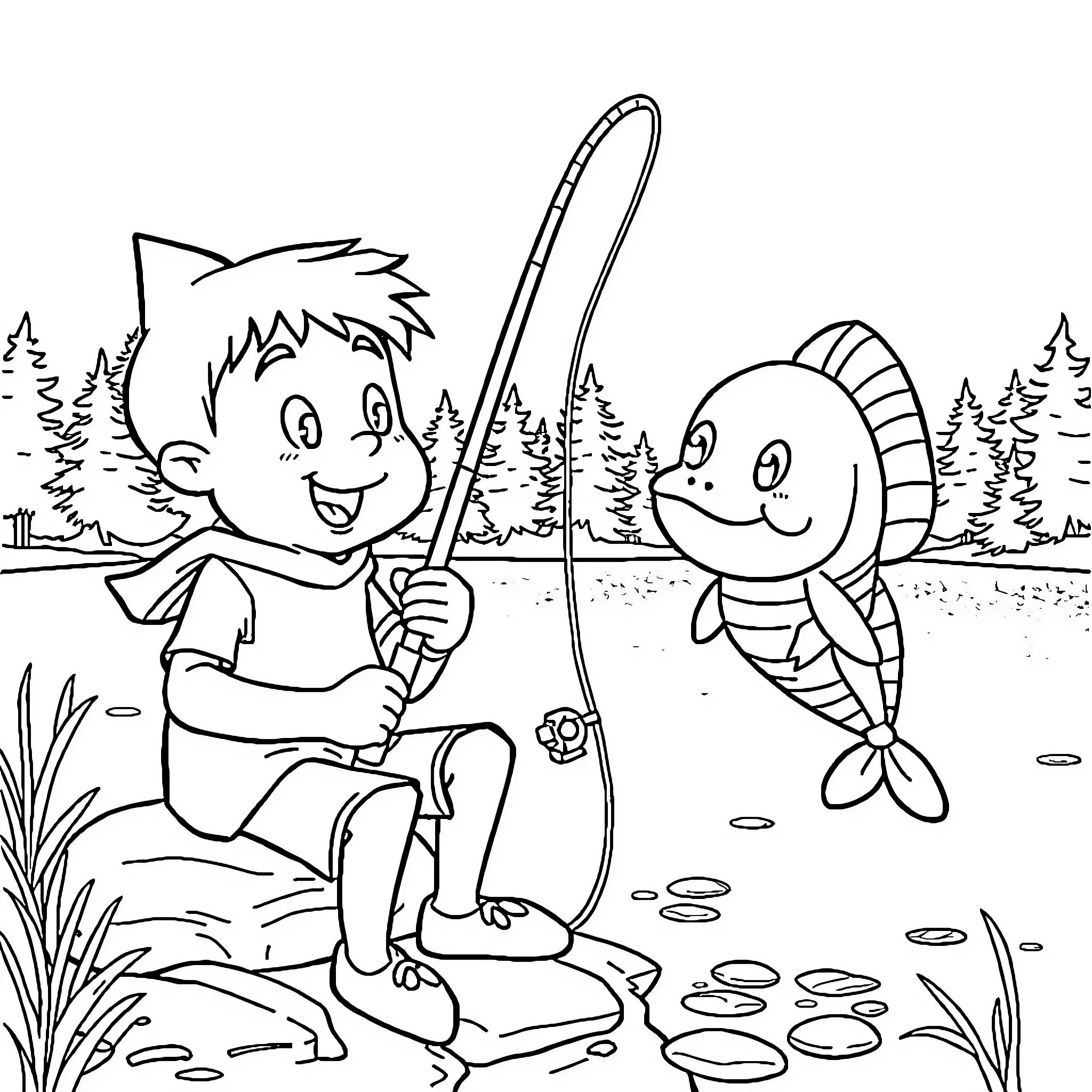 Finn's Fishing Adventure in the Outdoors Coloring Page (free black-and-white line drawing printable PDF for all, from beginners to advanced learners, including children, teens, adults, and seniors)