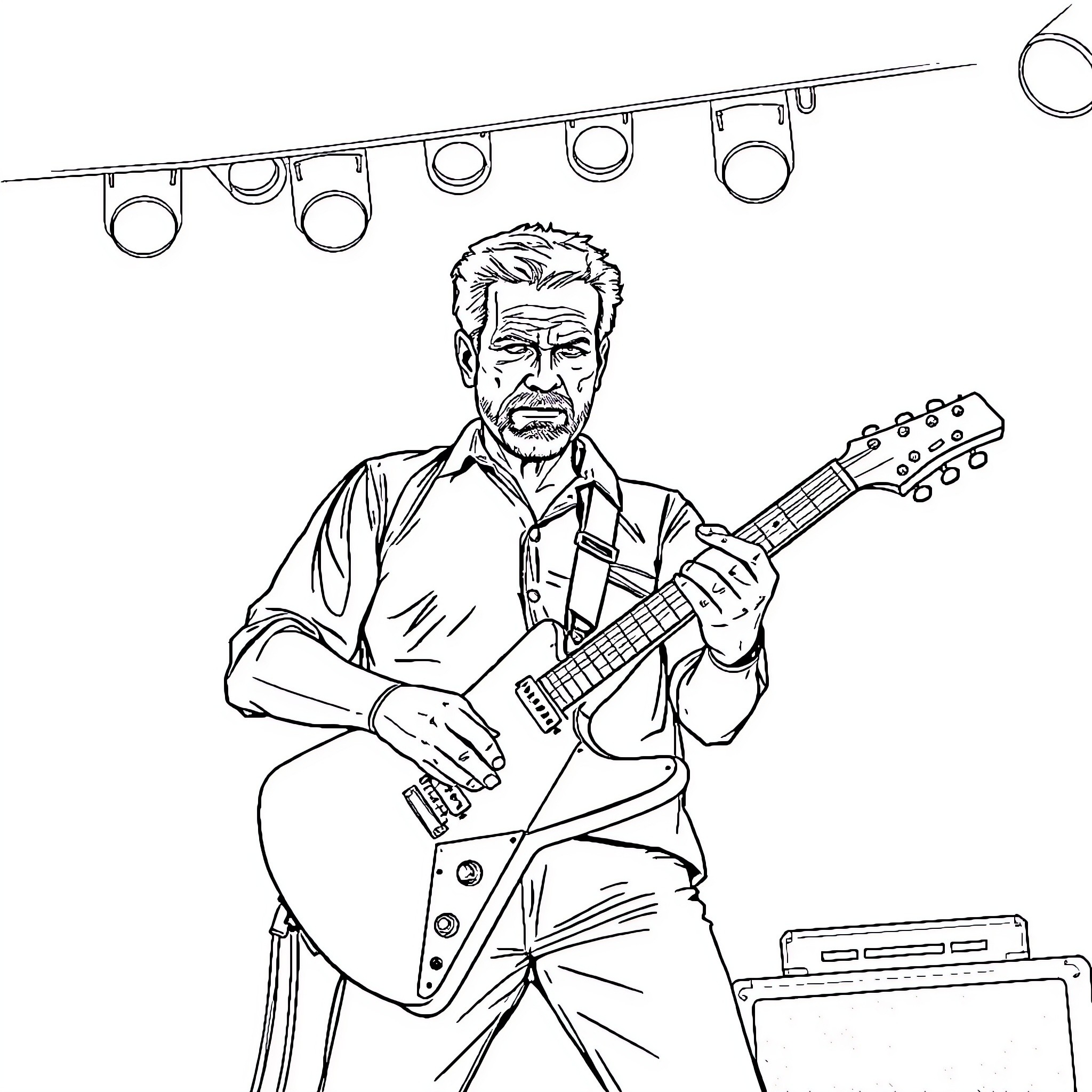 Walter White performing on stage with guitar Coloring Page (free black-and-white line drawing printable PDF for all, from beginners to advanced learners, including children, teens, adults, and seniors)
