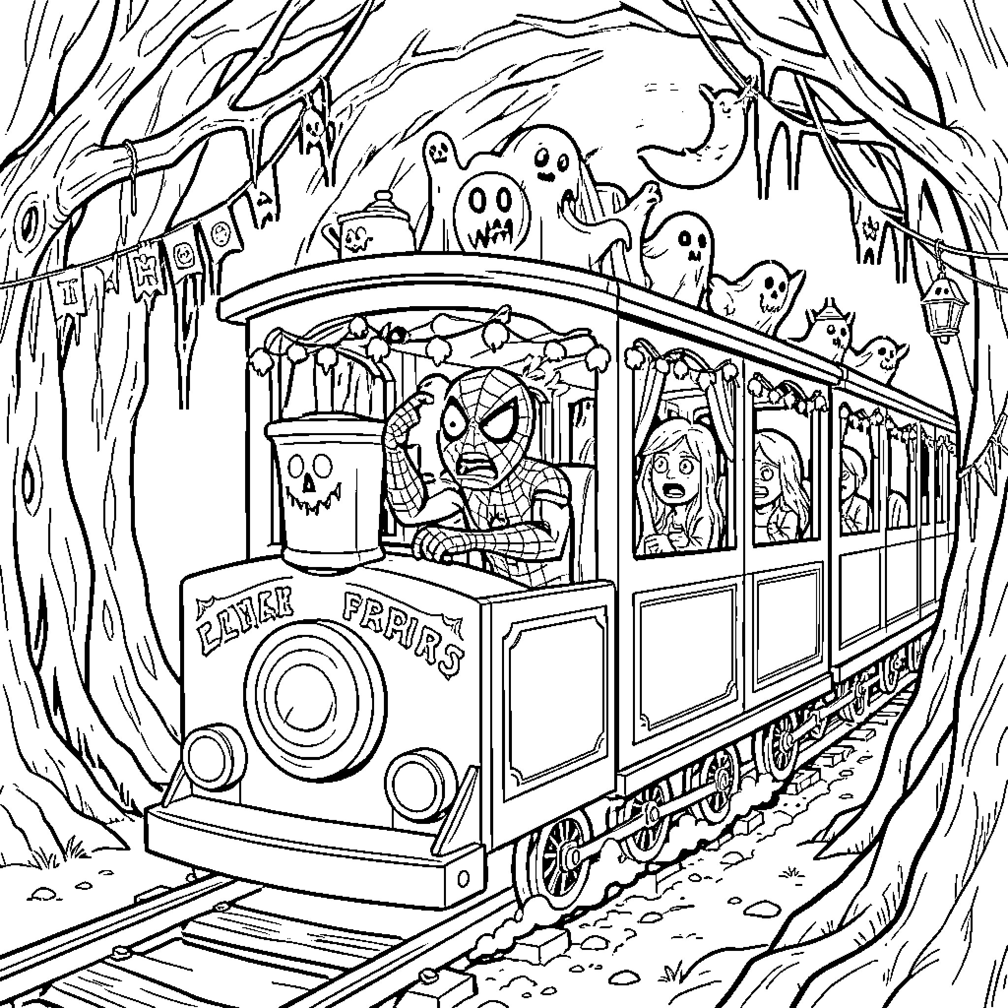 Spiderman looking worried on a haunted train ride Coloring Page (free black-and-white line drawing printable PDF for all, from beginners to advanced learners, including children, teens, adults, and seniors)