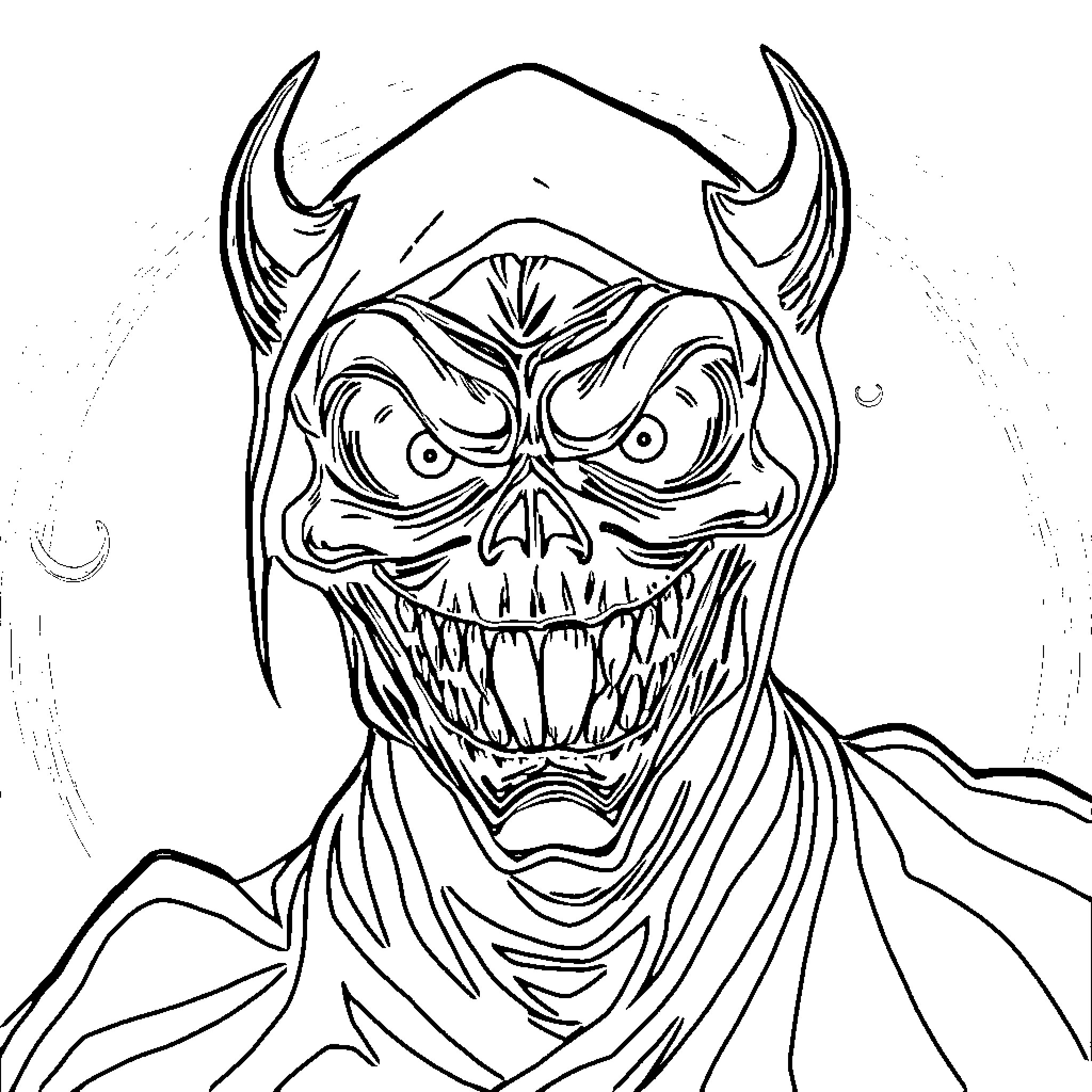 Doom Demon's Terrifying Visage Coloring Page (free black-and-white line drawing printable PDF for all, from beginners to advanced learners, including children, teens, adults, and seniors)