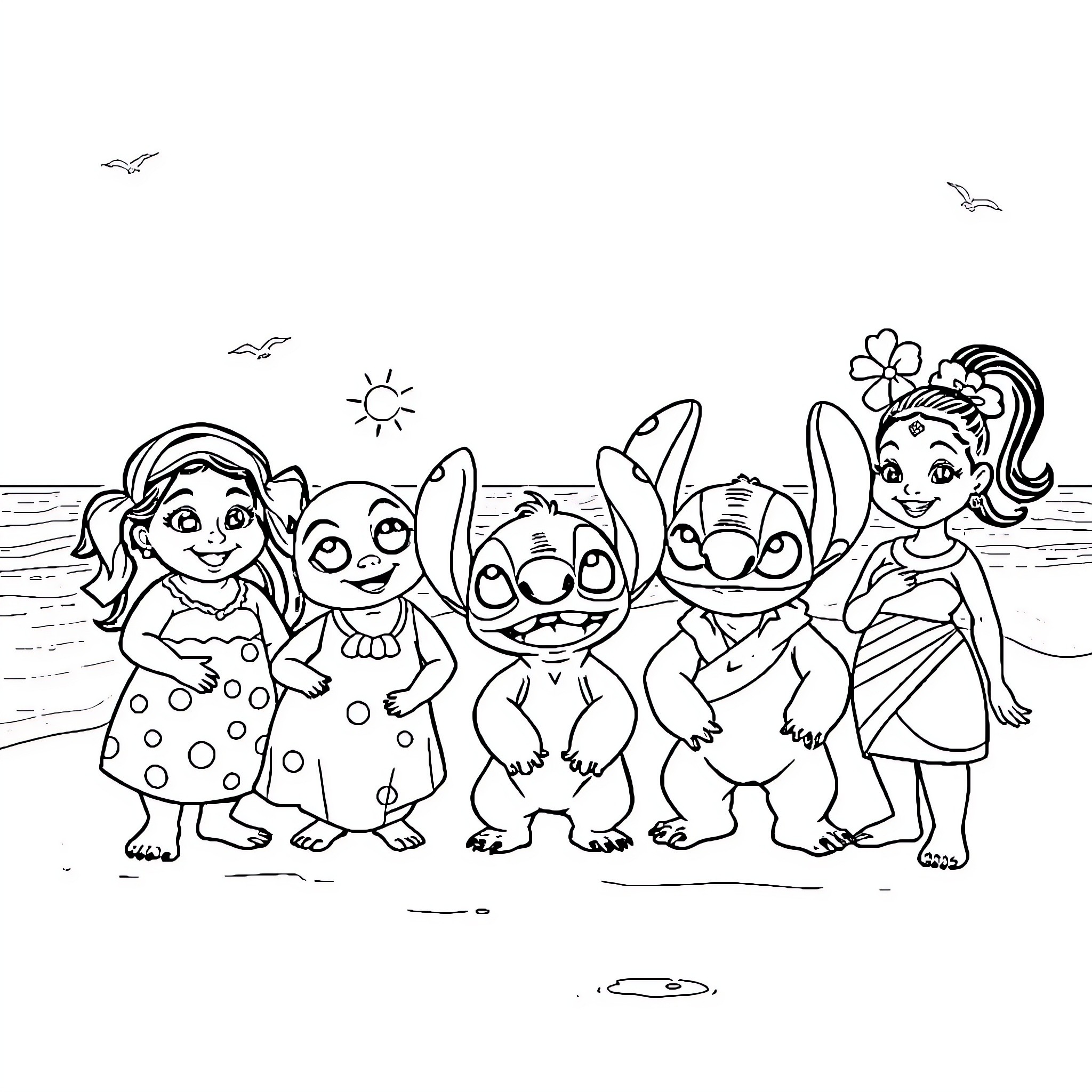 Lilo Stitch and friends playing on the beach Coloring Page (free black-and-white line drawing printable PDF for all, from beginners to advanced learners, including children, teens, adults, and seniors)