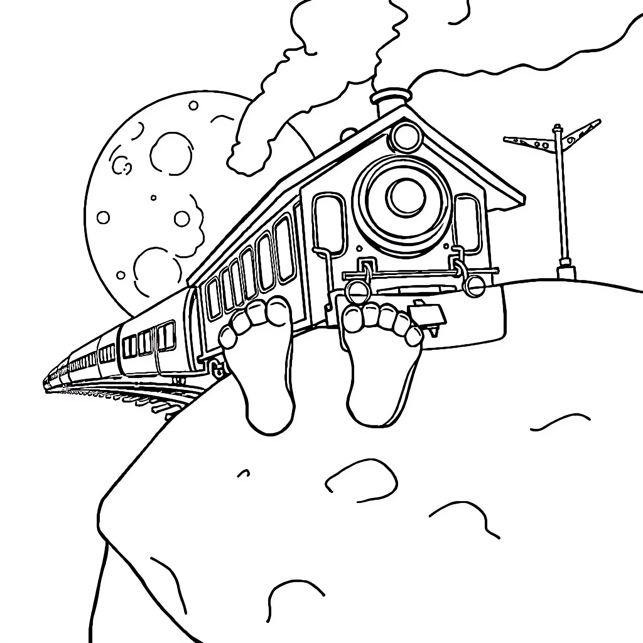 Train traveling through a whimsical night scene Coloring Page (free black-and-white line drawing printable PDF for all, from beginners to advanced learners, including children, teens, adults, and seniors)