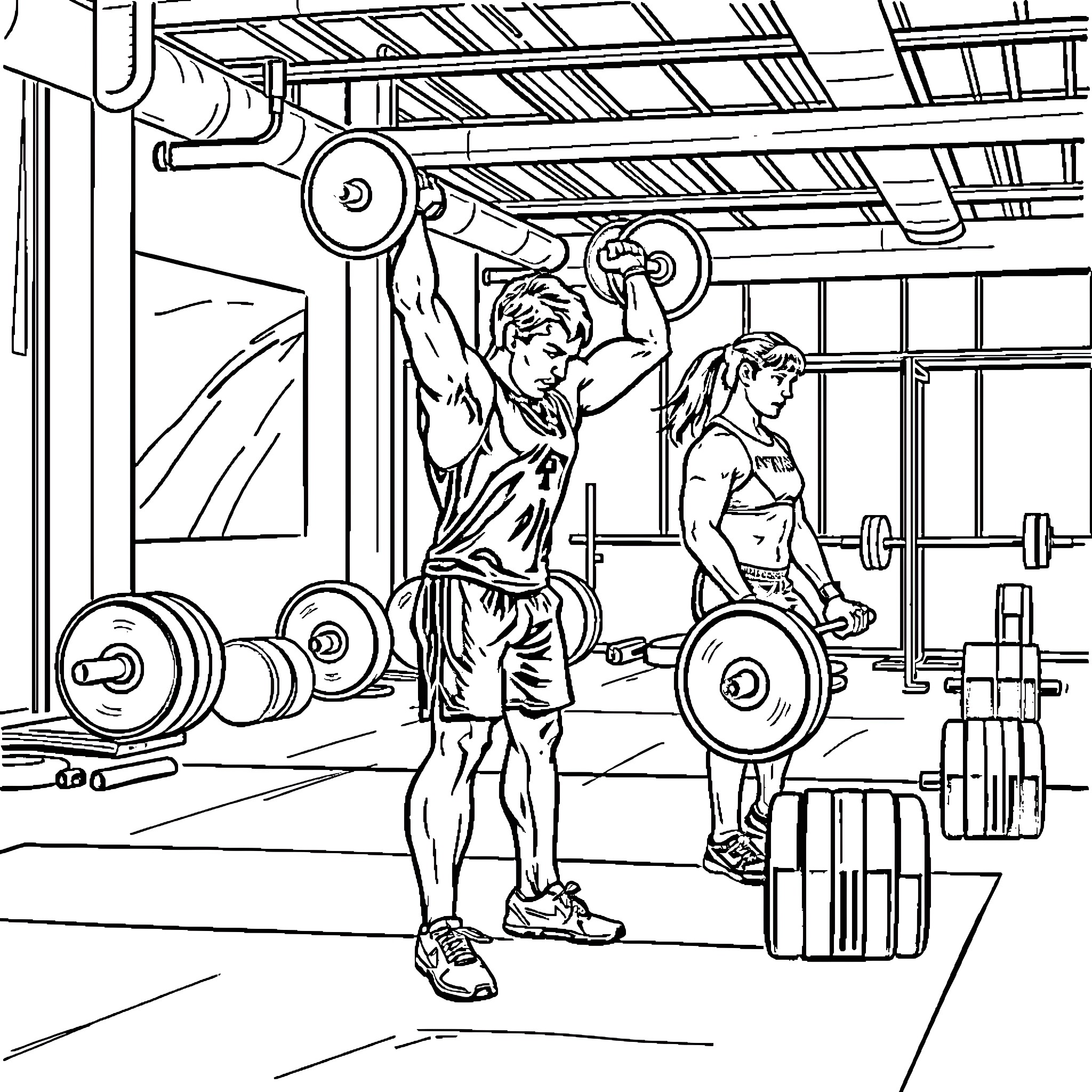Crossfit Workout at the Gym Coloring Page (free black-and-white line drawing printable PDF for all, from beginners to advanced learners, including children, teens, adults, and seniors)