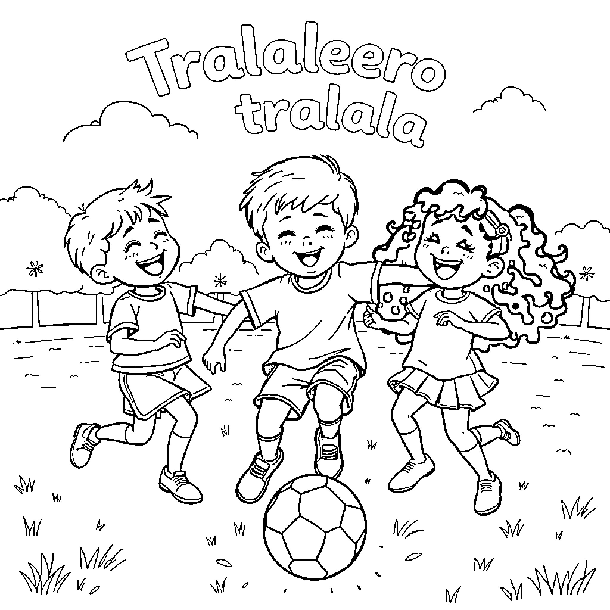 Tralalero children playing with a soccer ball outdoors Coloring Page (free black-and-white line drawing printable PDF for all, from beginners to advanced learners, including children, teens, adults, and seniors)