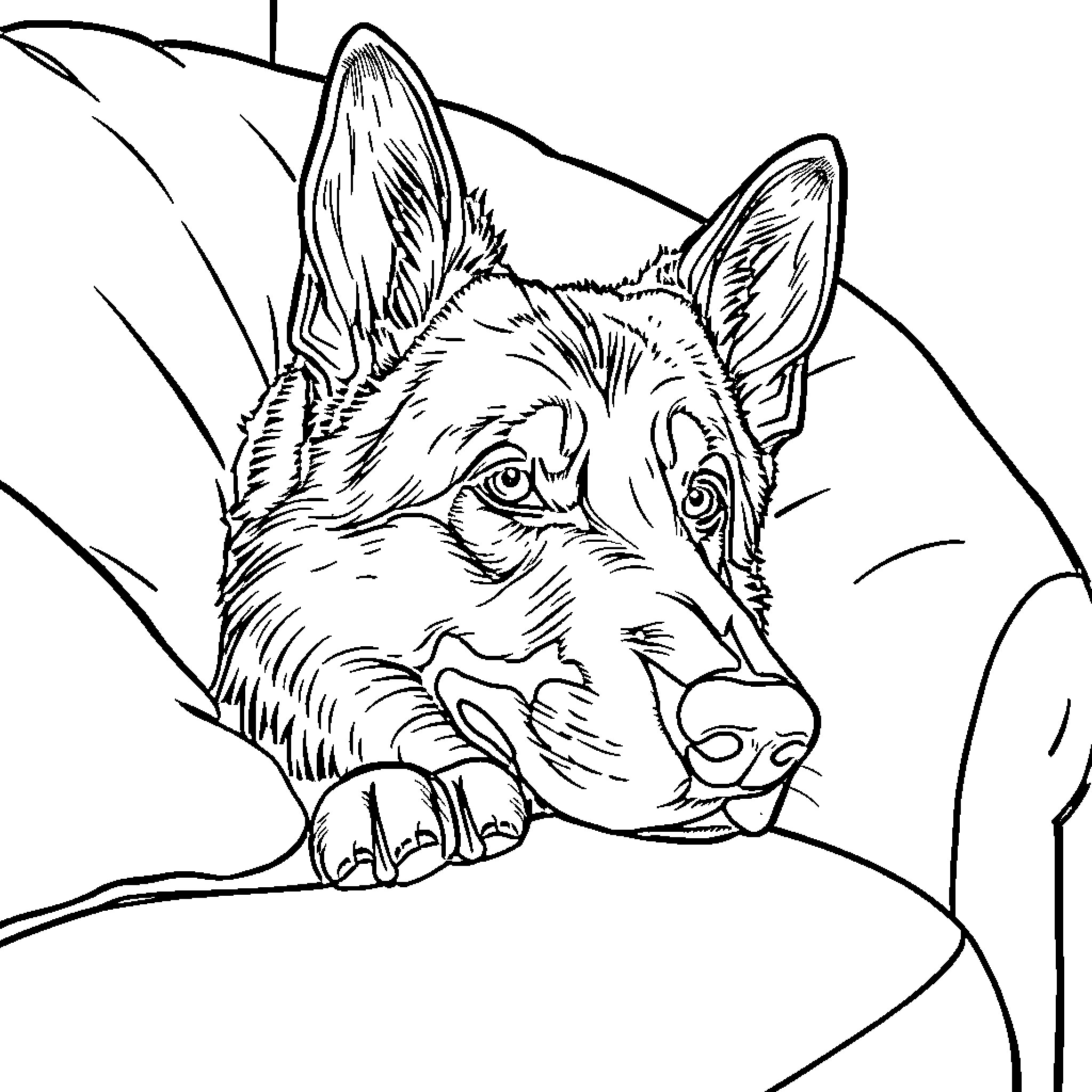 German Shepherd in pensive pose Coloring Page (free black-and-white line drawing printable PDF for all, from beginners to advanced learners, including children, teens, adults, and seniors)
