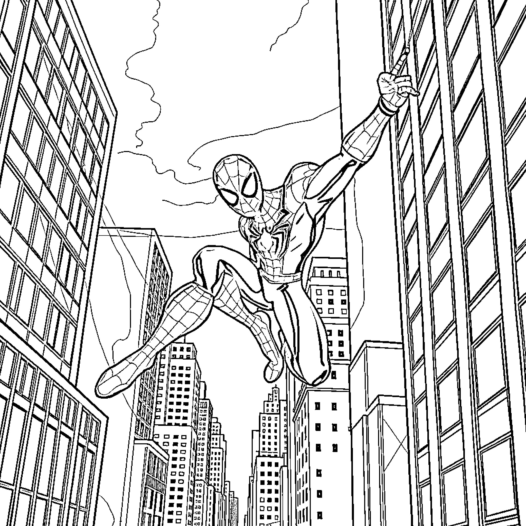 Spiderman swinging through the city skyline Coloring Page (free black-and-white line drawing printable PDF for all, from beginners to advanced learners, including children, teens, adults, and seniors)
