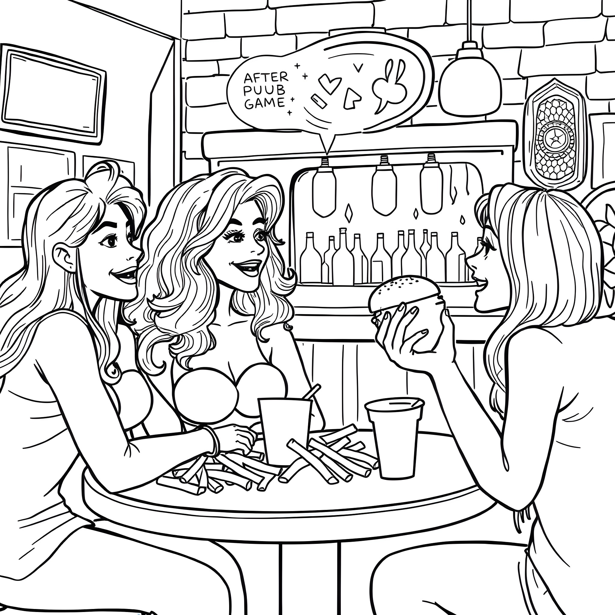Burger Game Night with Friends at the Bar Coloring Page (free black-and-white line drawing printable PDF for all, from beginners to advanced learners, including children, teens, adults, and seniors)