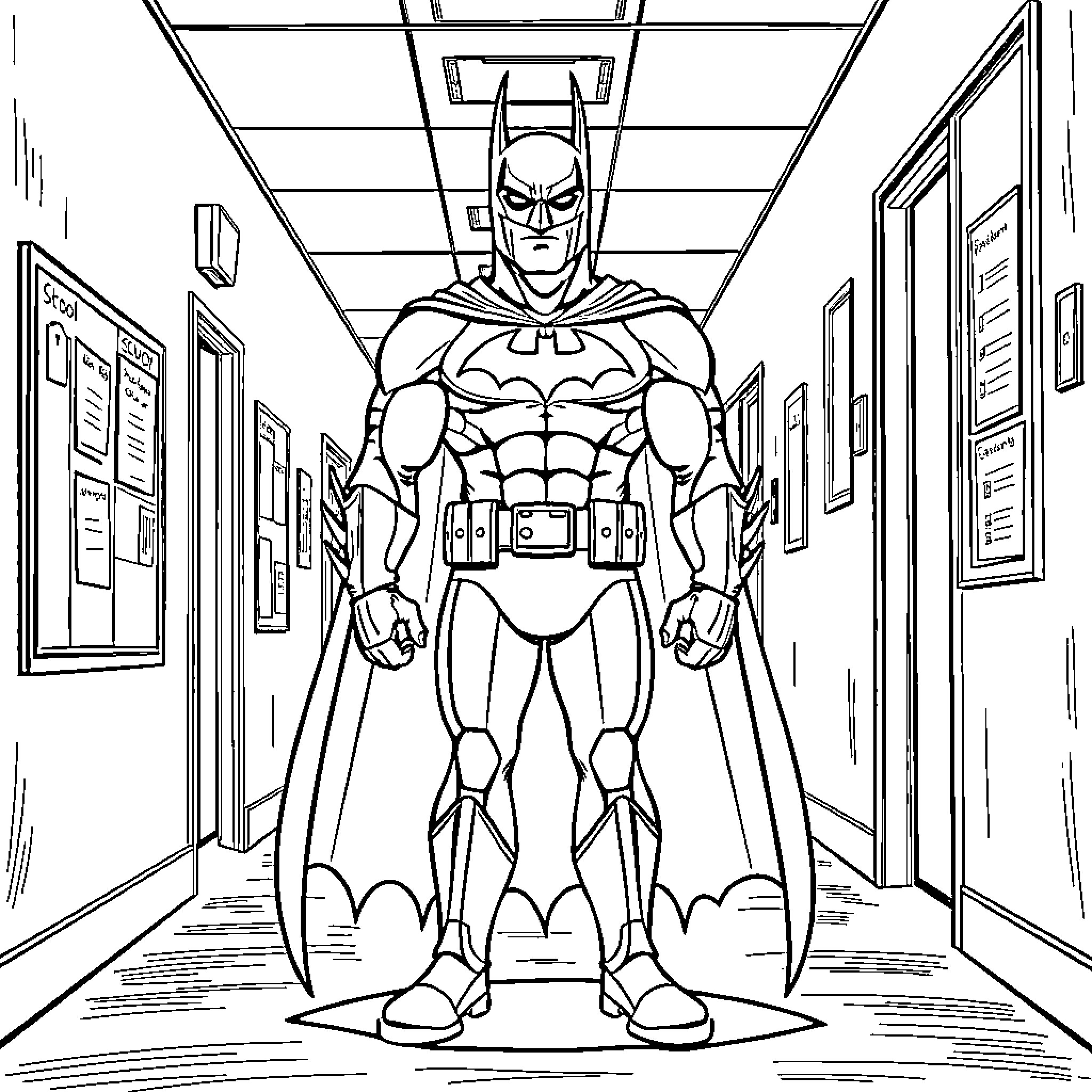 Batman in the Superhero Hallway Coloring Page (free black-and-white line drawing printable PDF for all, from beginners to advanced learners, including children, teens, adults, and seniors)