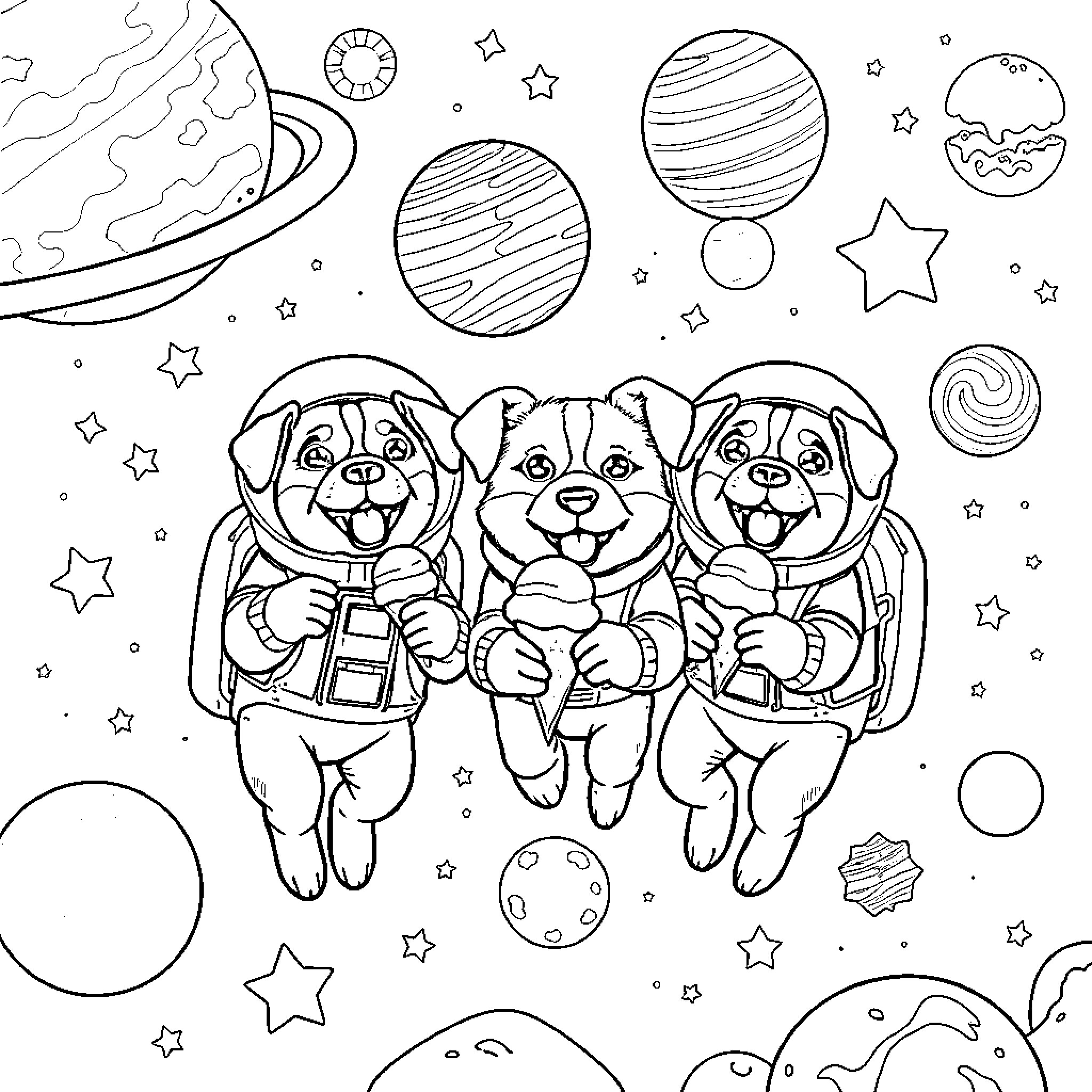 Dogs exploring outer space with planets and stars Coloring Page (free black-and-white line drawing printable PDF for all, from beginners to advanced learners, including children, teens, adults, and seniors)