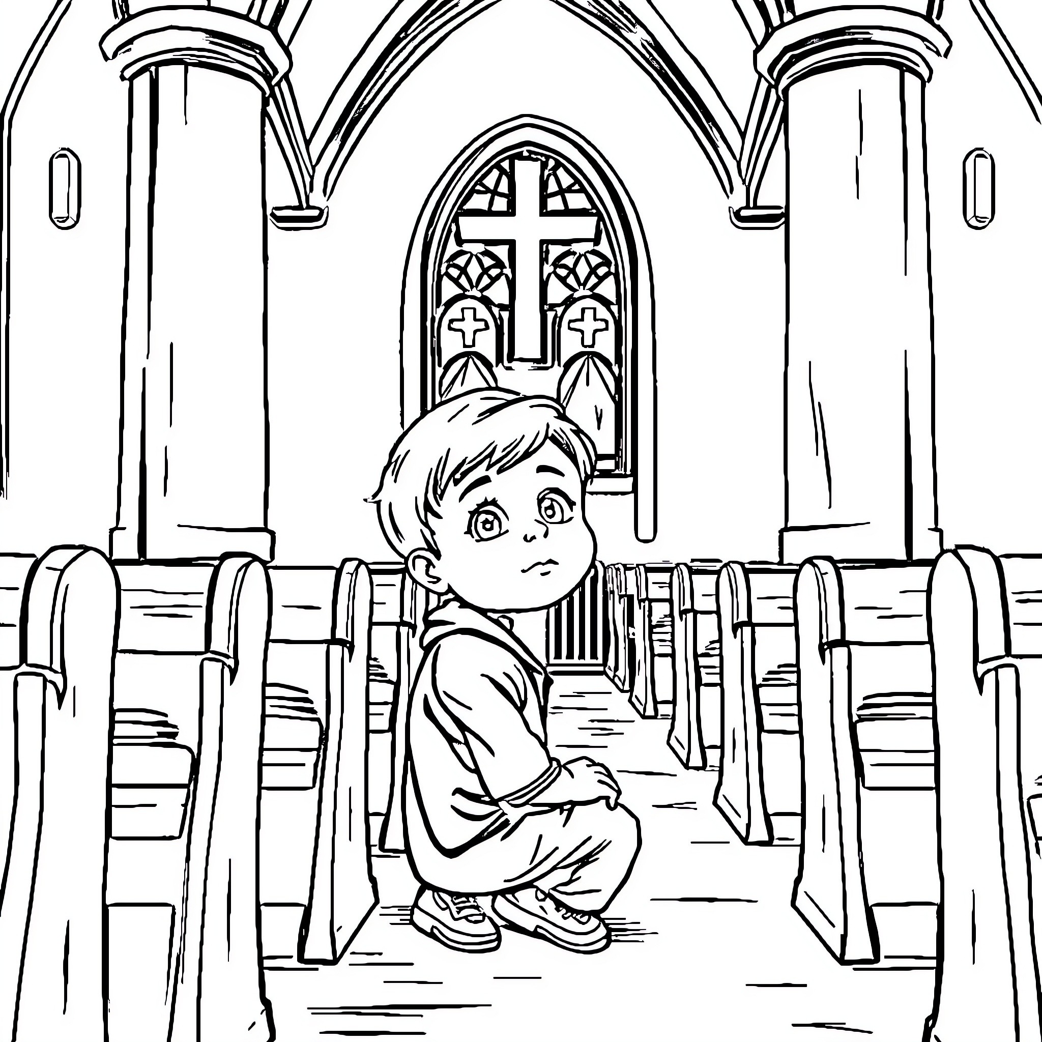 Boy sitting alone in a church Coloring Page (free black-and-white line drawing printable PDF for all, from beginners to advanced learners, including children, teens, adults, and seniors)