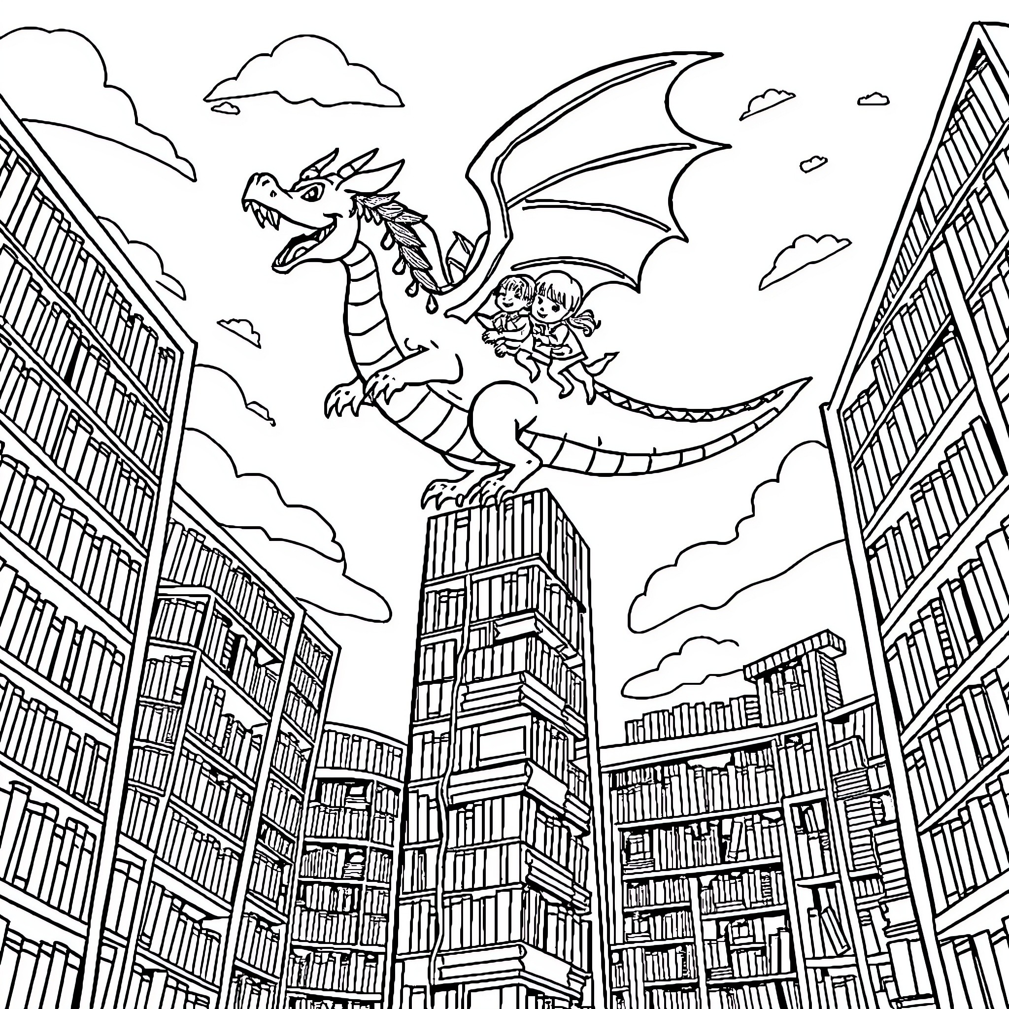 Dragon soaring above city buildings with rider Coloring Page (free black-and-white line drawing printable PDF for all, from beginners to advanced learners, including children, teens, adults, and seniors)