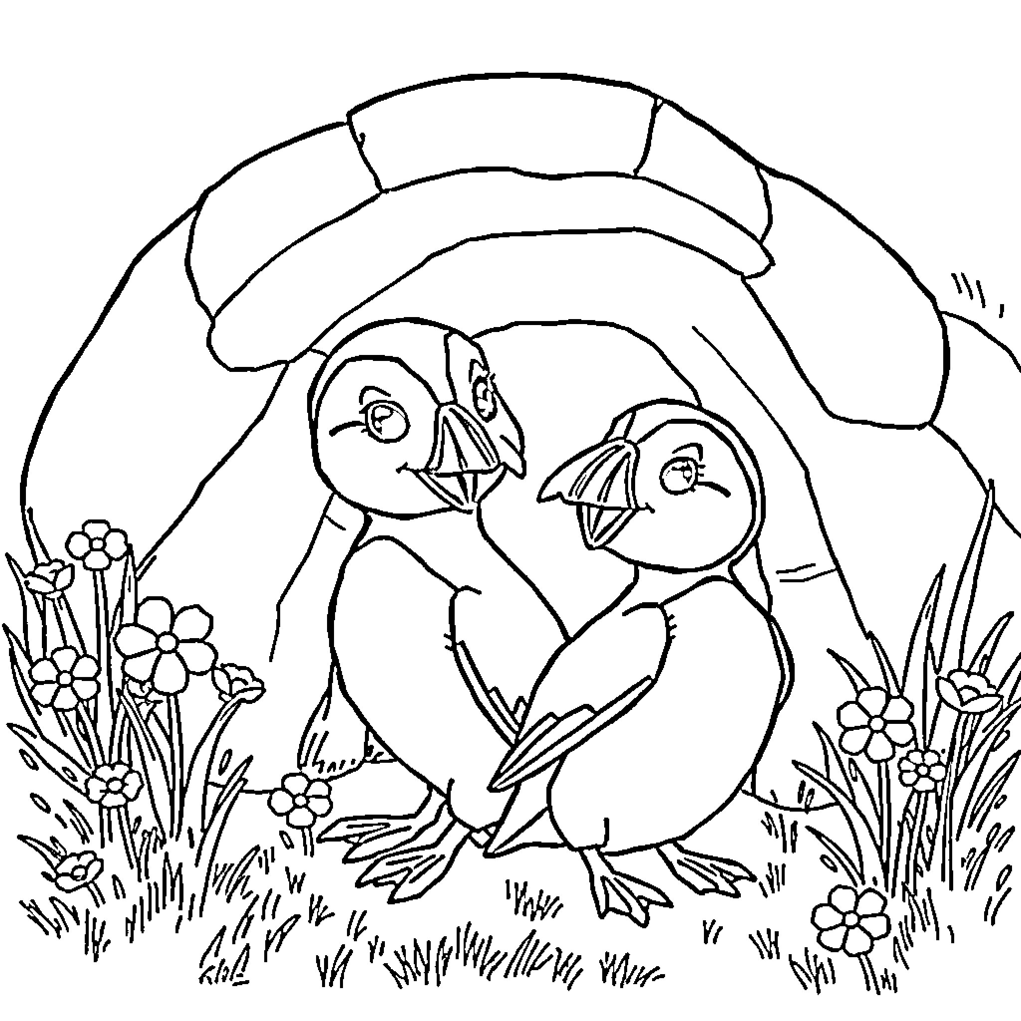 Una Pair of Cute Puffins Amongst Flowers Coloring Page (free black-and-white line drawing printable PDF for all, from beginners to advanced learners, including children, teens, adults, and seniors)