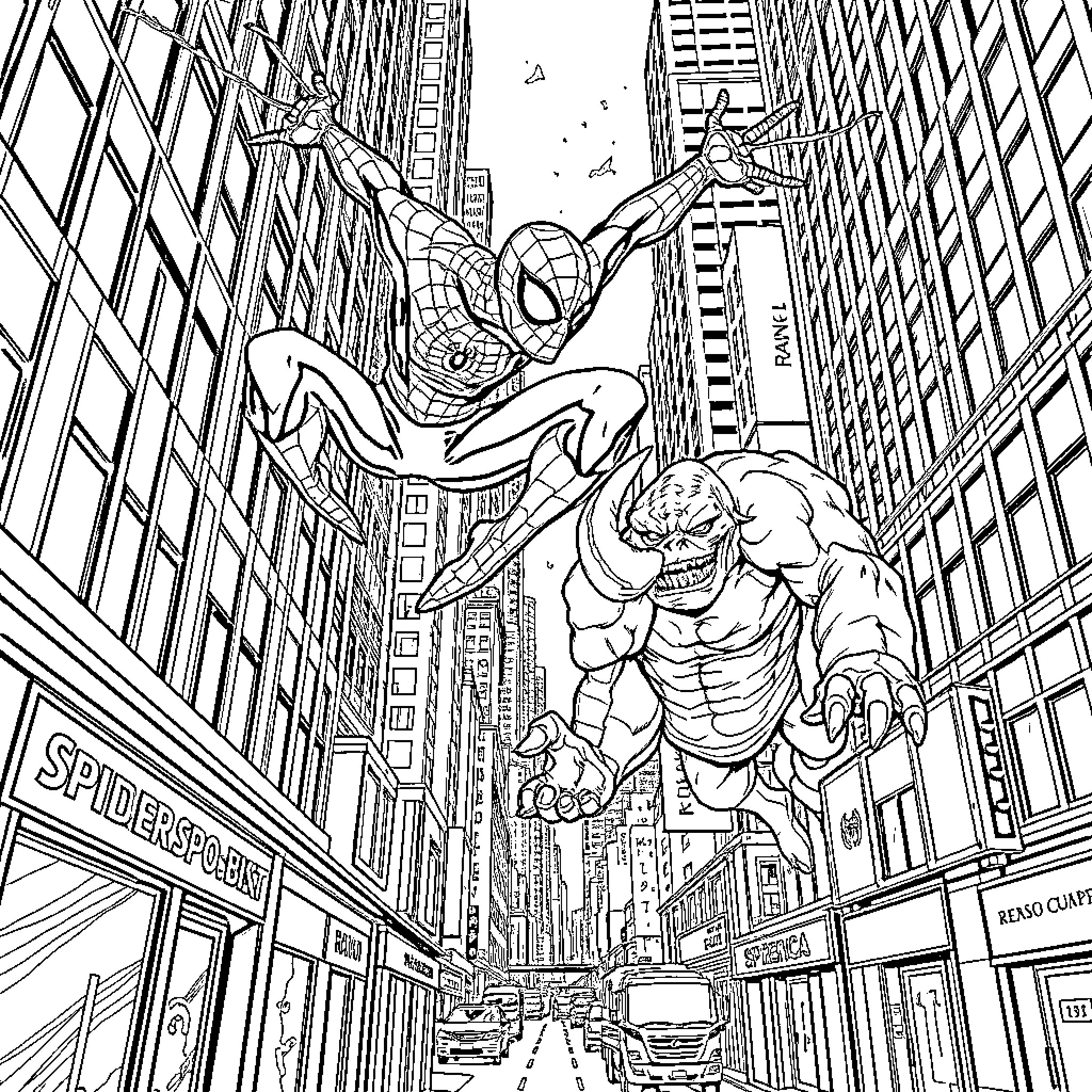 Spiderman battles a muscular foe in the city Coloring Page (free black-and-white line drawing printable PDF for all, from beginners to advanced learners, including children, teens, adults, and seniors)