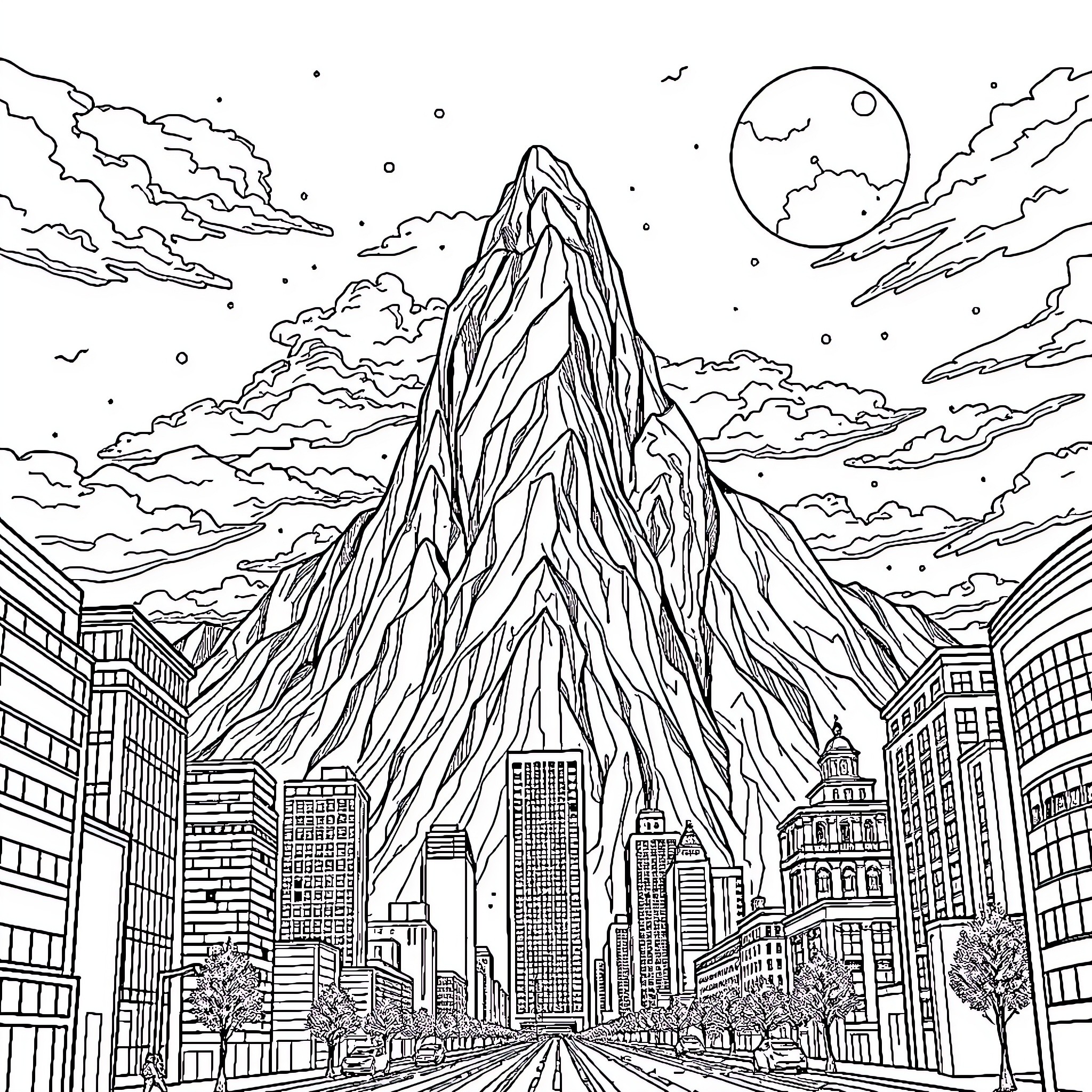 Mountain Landscape with City Skyline and Celestial Elements Coloring Page (free black-and-white line drawing printable PDF for all, from beginners to advanced learners, including children, teens, adults, and seniors)