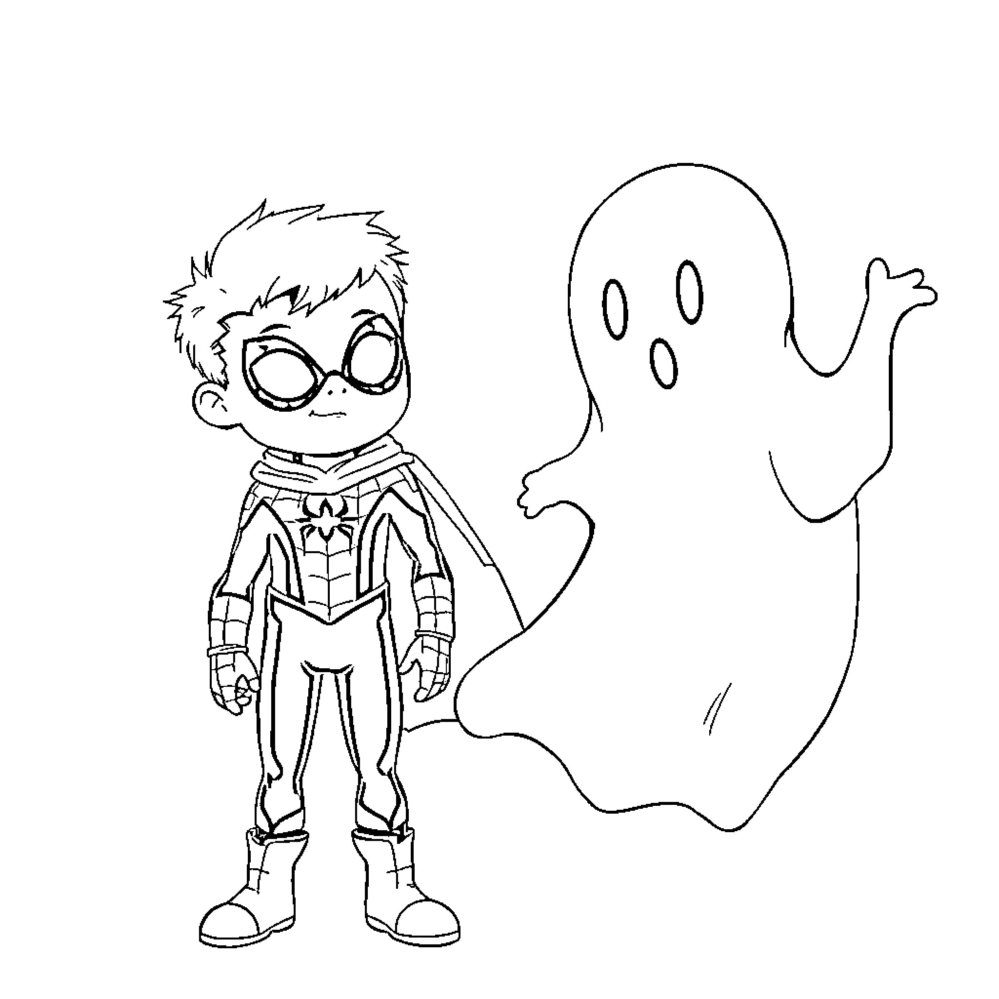 Spidey's Encounter with a Ghostly Friend Coloring Page (free black-and-white line drawing printable PDF for all, from beginners to advanced learners, including children, teens, adults, and seniors)