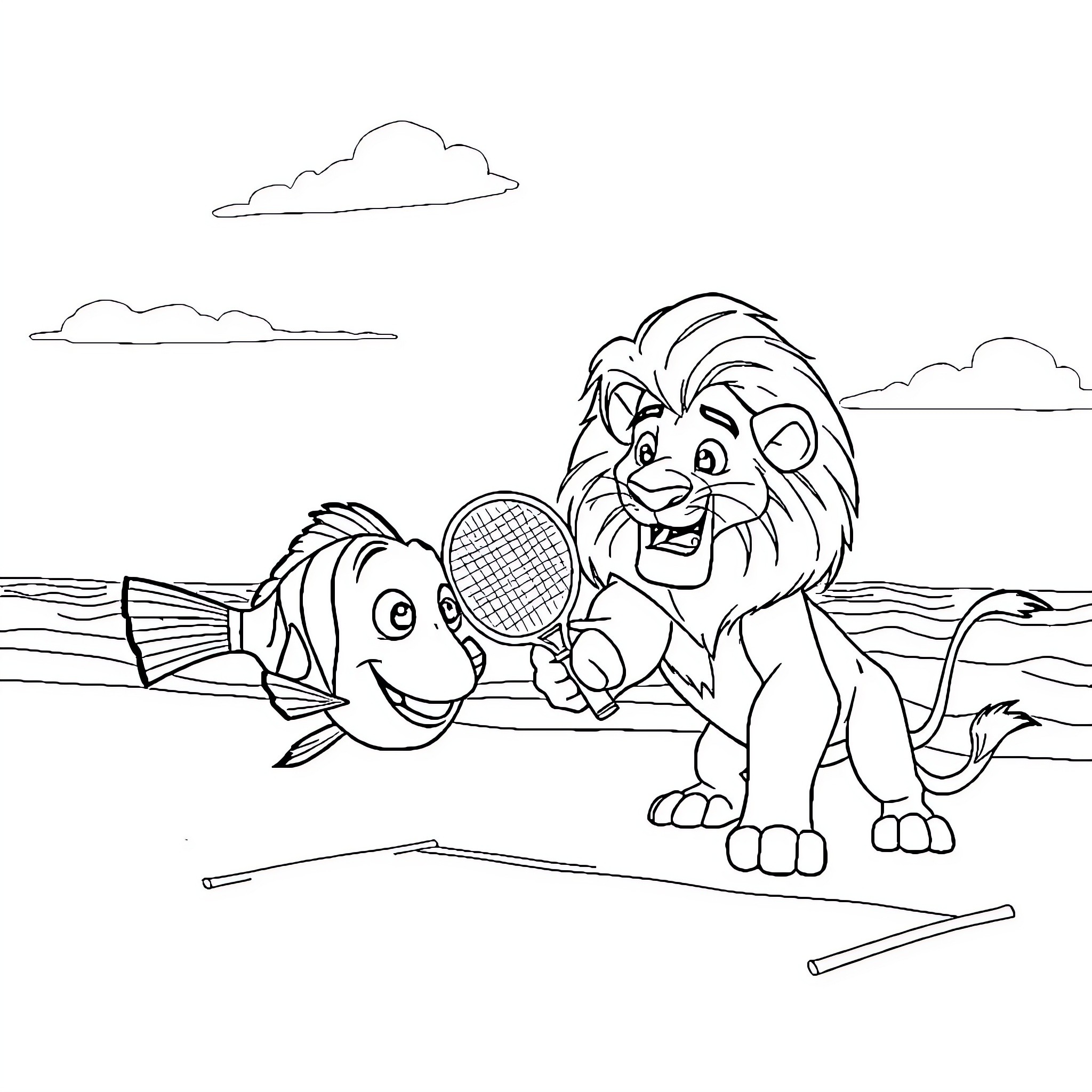 Nemo and Simba playing on the beach Coloring Page (free black-and-white line drawing printable PDF for all, from beginners to advanced learners, including children, teens, adults, and seniors)