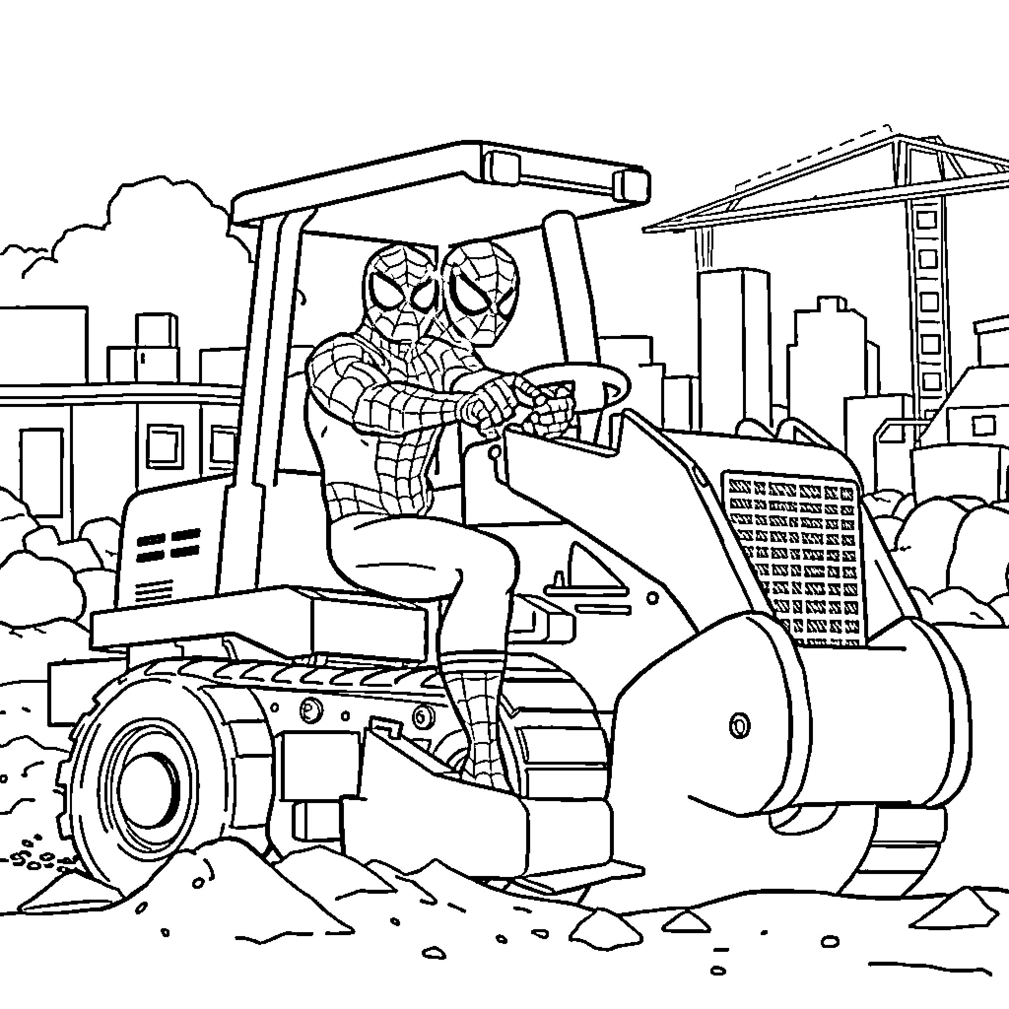 Spiderman operating heavy machinery in the city Coloring Page (free black-and-white line drawing printable PDF for all, from beginners to advanced learners, including children, teens, adults, and seniors)
