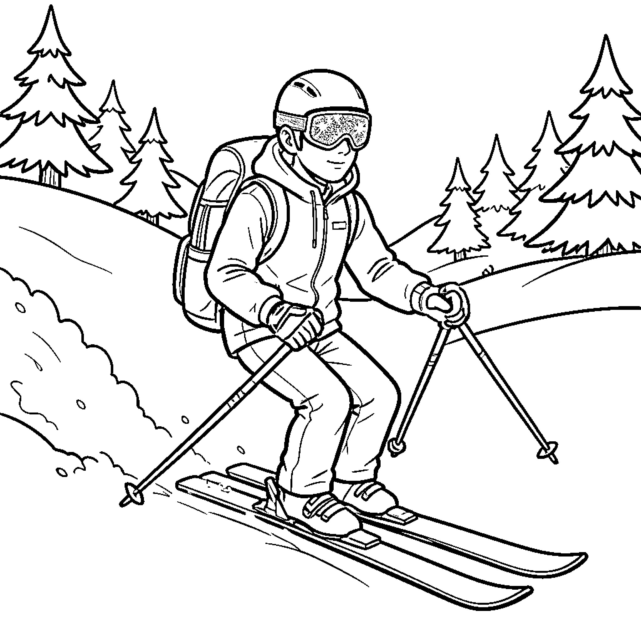 Skiing Boy Enjoying the Slopes in Winter Wonderland Coloring Page (free black-and-white line drawing printable PDF for all, from beginners to advanced learners, including children, teens, adults, and seniors)