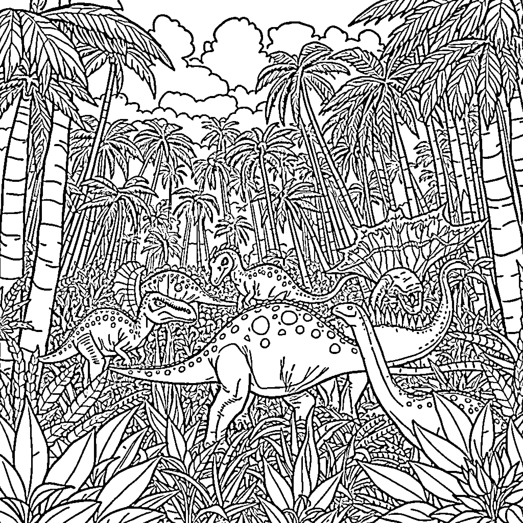 Dinosaurs roaming in lush prehistoric jungle Coloring Page (free black-and-white line drawing printable PDF for all, from beginners to advanced learners, including children, teens, adults, and seniors)