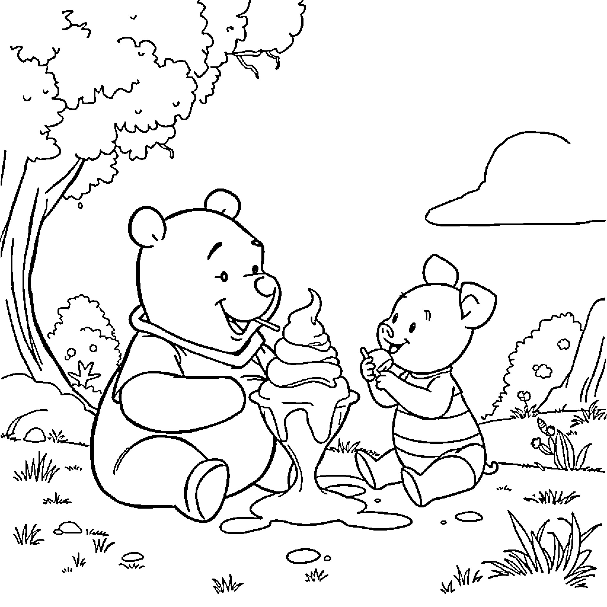 Winnie The Pooh Sharing Ice Cream with Piglet in the Woods Coloring Page (free black-and-white line drawing printable PDF for all, from beginners to advanced learners, including children, teens, adults, and seniors)