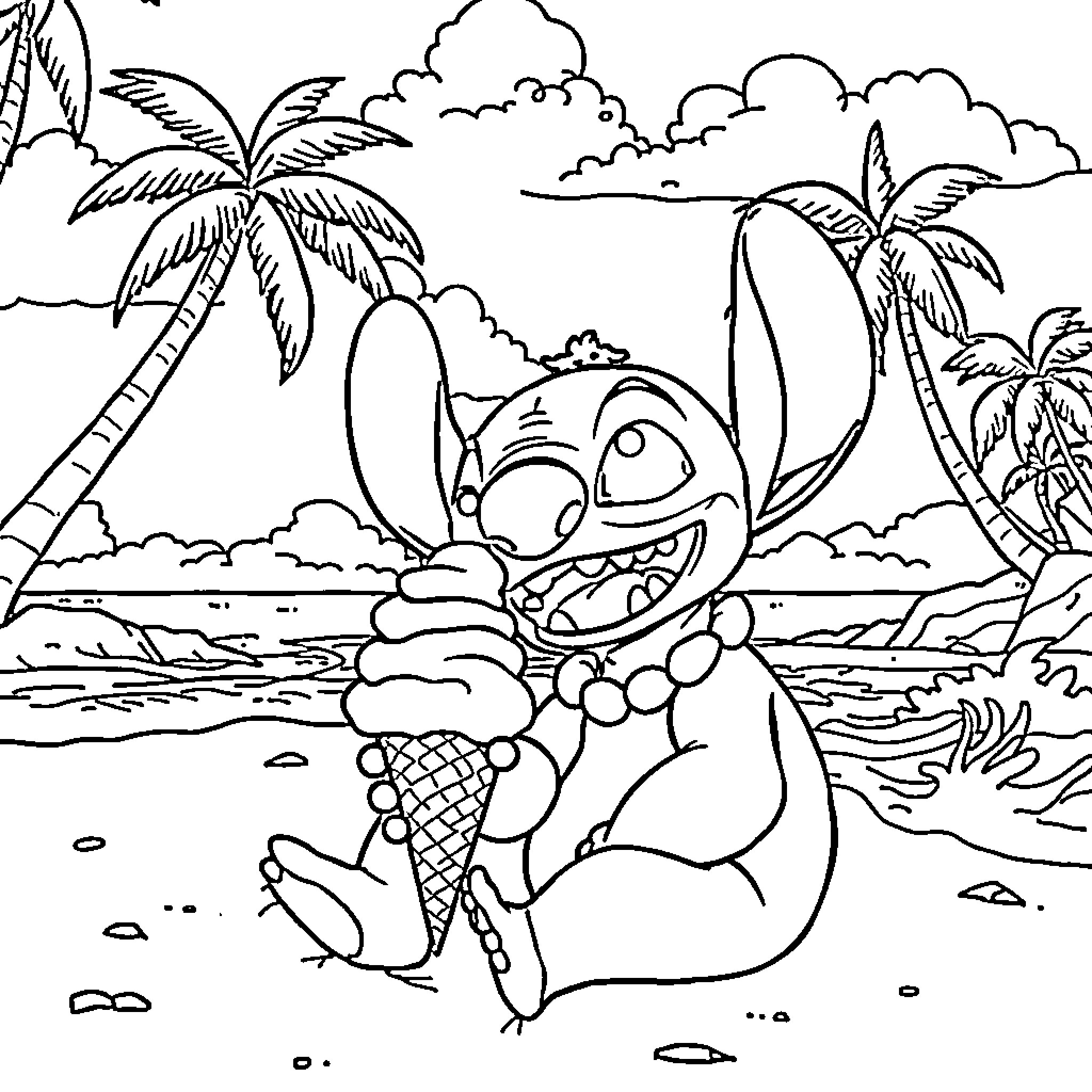 Stitch relaxing on the beach Coloring Page (free black-and-white line drawing printable PDF for all, from beginners to advanced learners, including children, teens, adults, and seniors)