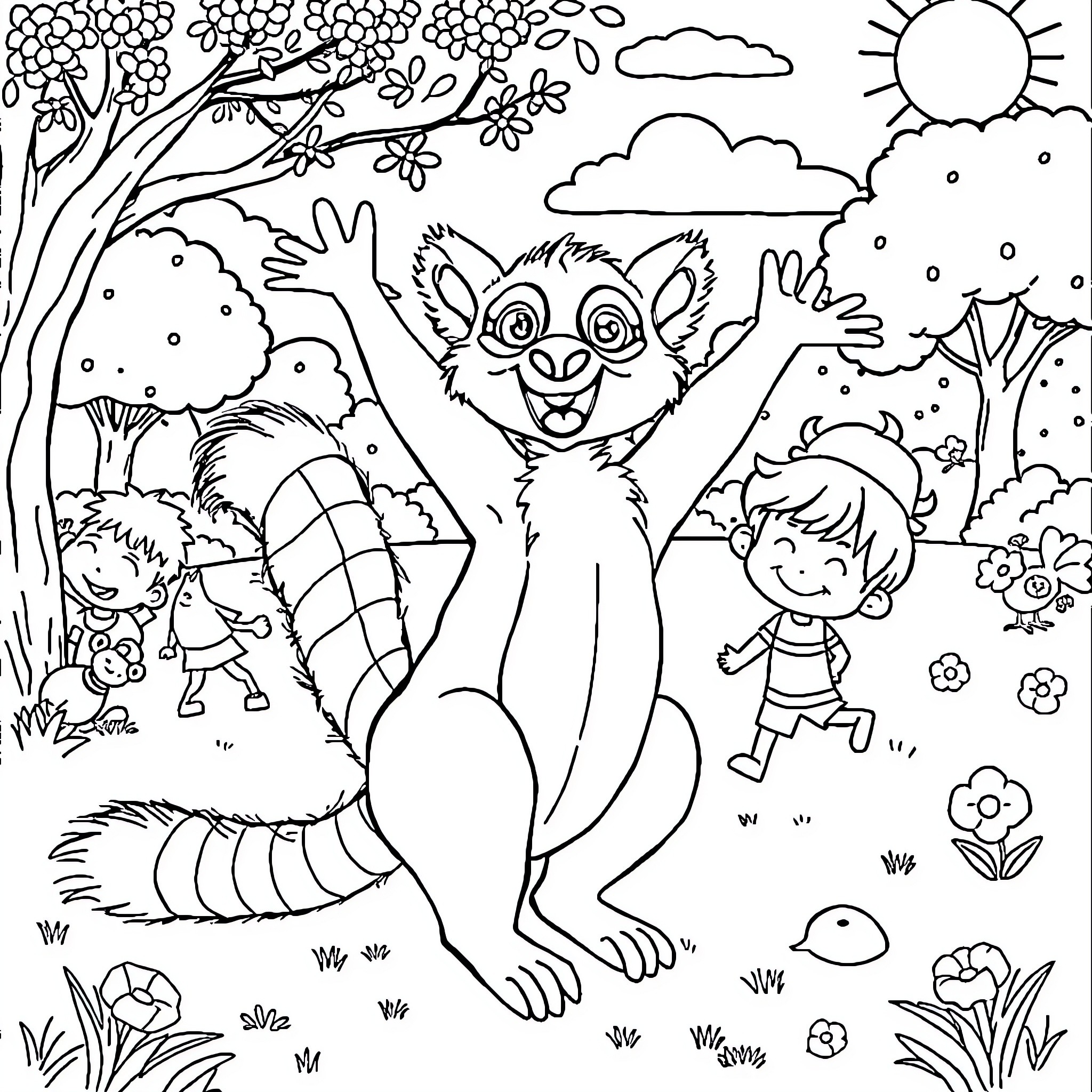 Zoboomafoo Frolicking in the Enchanting Forest Coloring Page (free black-and-white line drawing printable PDF for all, from beginners to advanced learners, including children, teens, adults, and seniors)