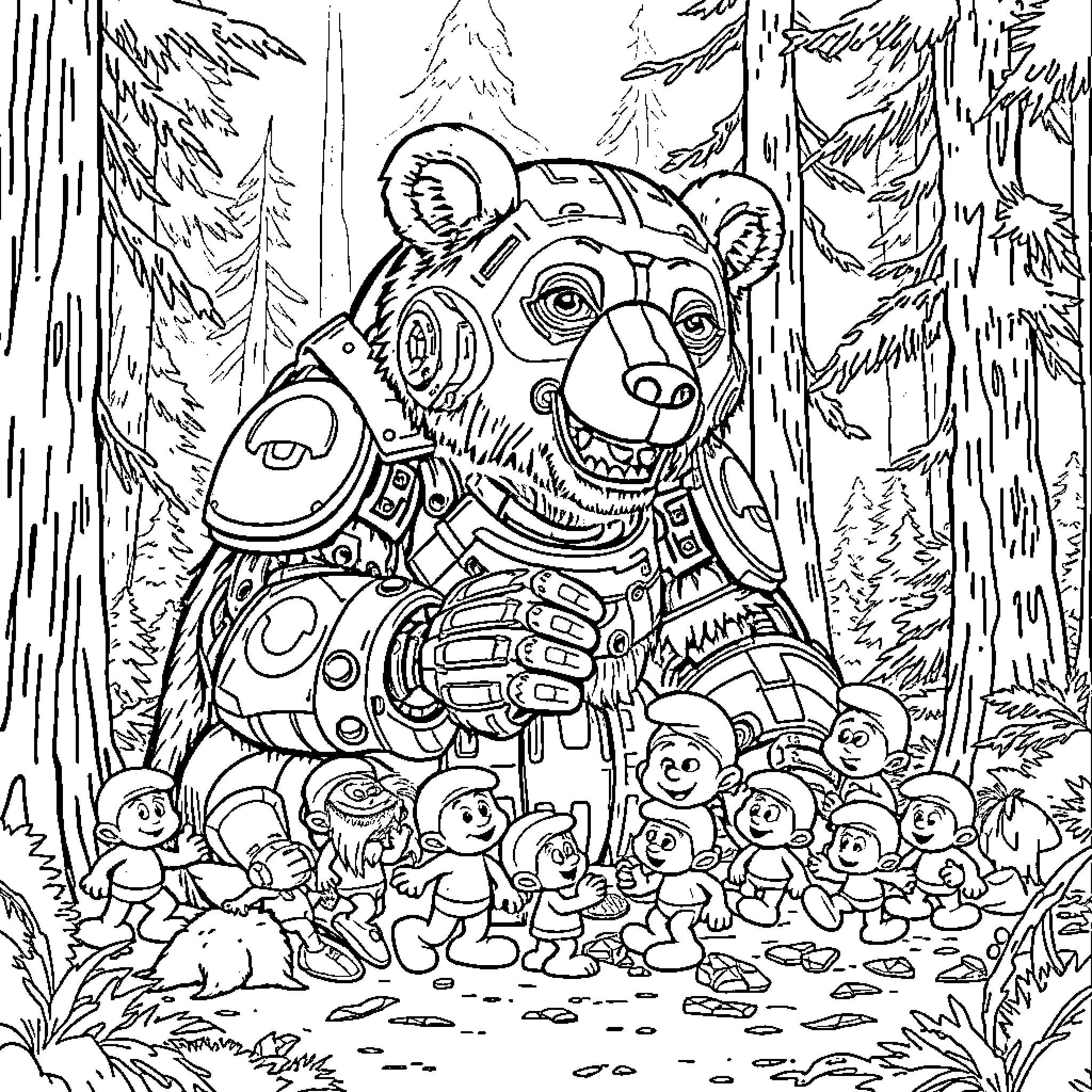 Cyborg Bear leading a group of curious creatures in the forest Coloring Page (free black-and-white line drawing printable PDF for all, from beginners to advanced learners, including children, teens, adults, and seniors)