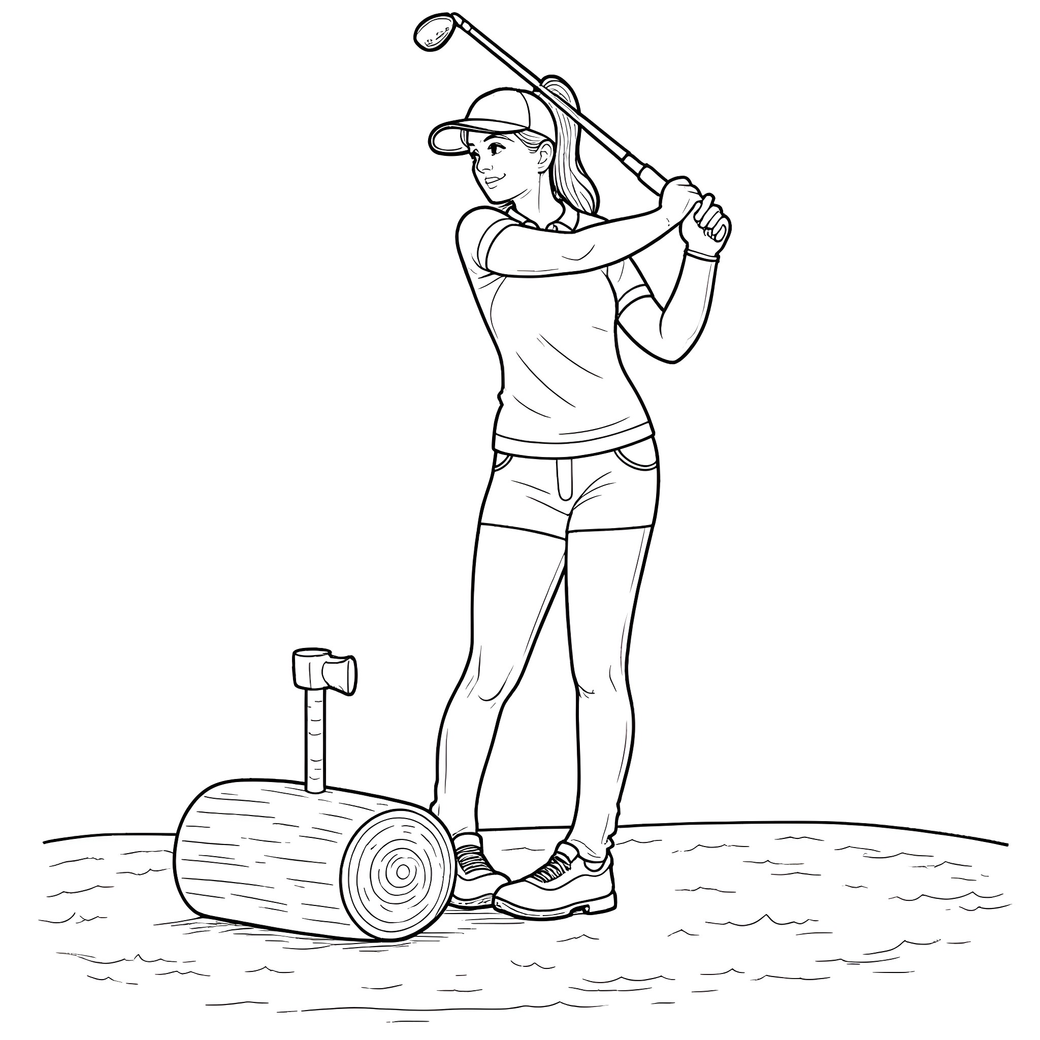 Golfer swinging club on golf course Coloring Page (free black-and-white line drawing printable PDF for all, from beginners to advanced learners, including children, teens, adults, and seniors)
