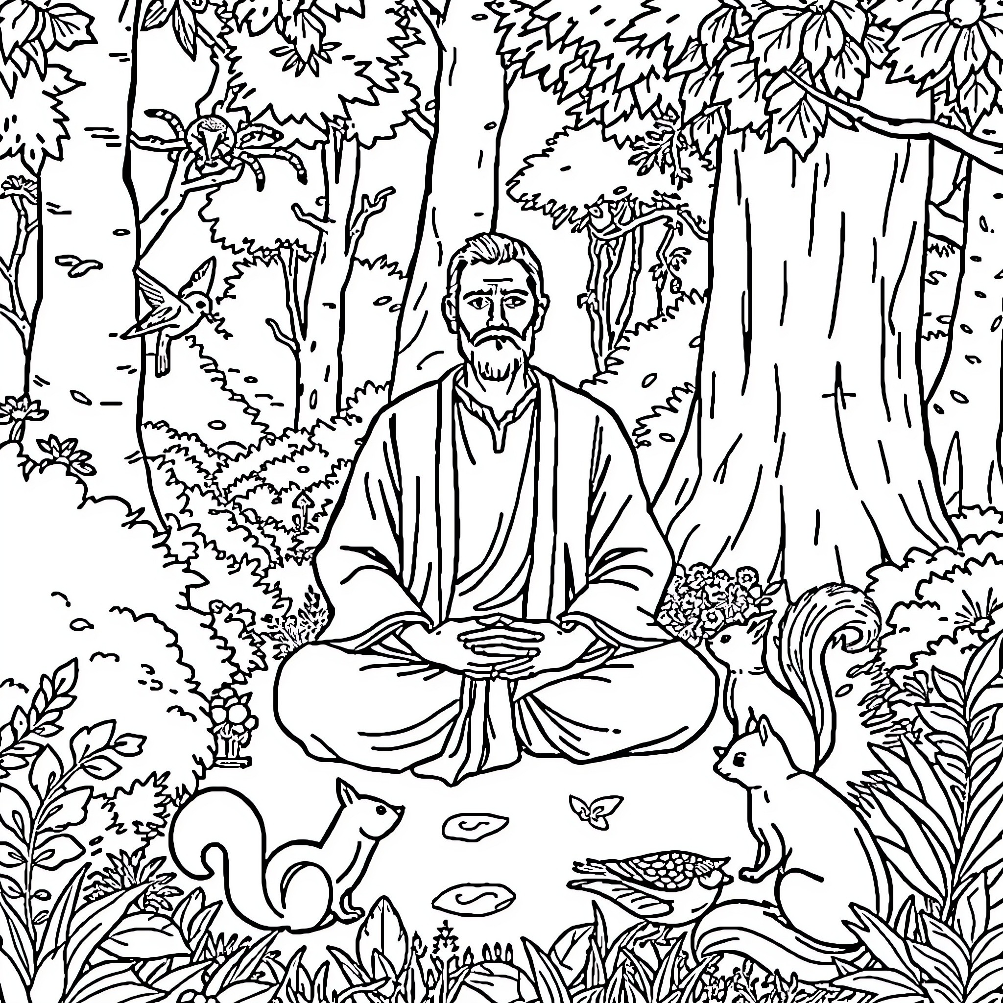 Reiki Master meditating in serene forest surroundings Coloring Page (free black-and-white line drawing printable PDF for all, from beginners to advanced learners, including children, teens, adults, and seniors)