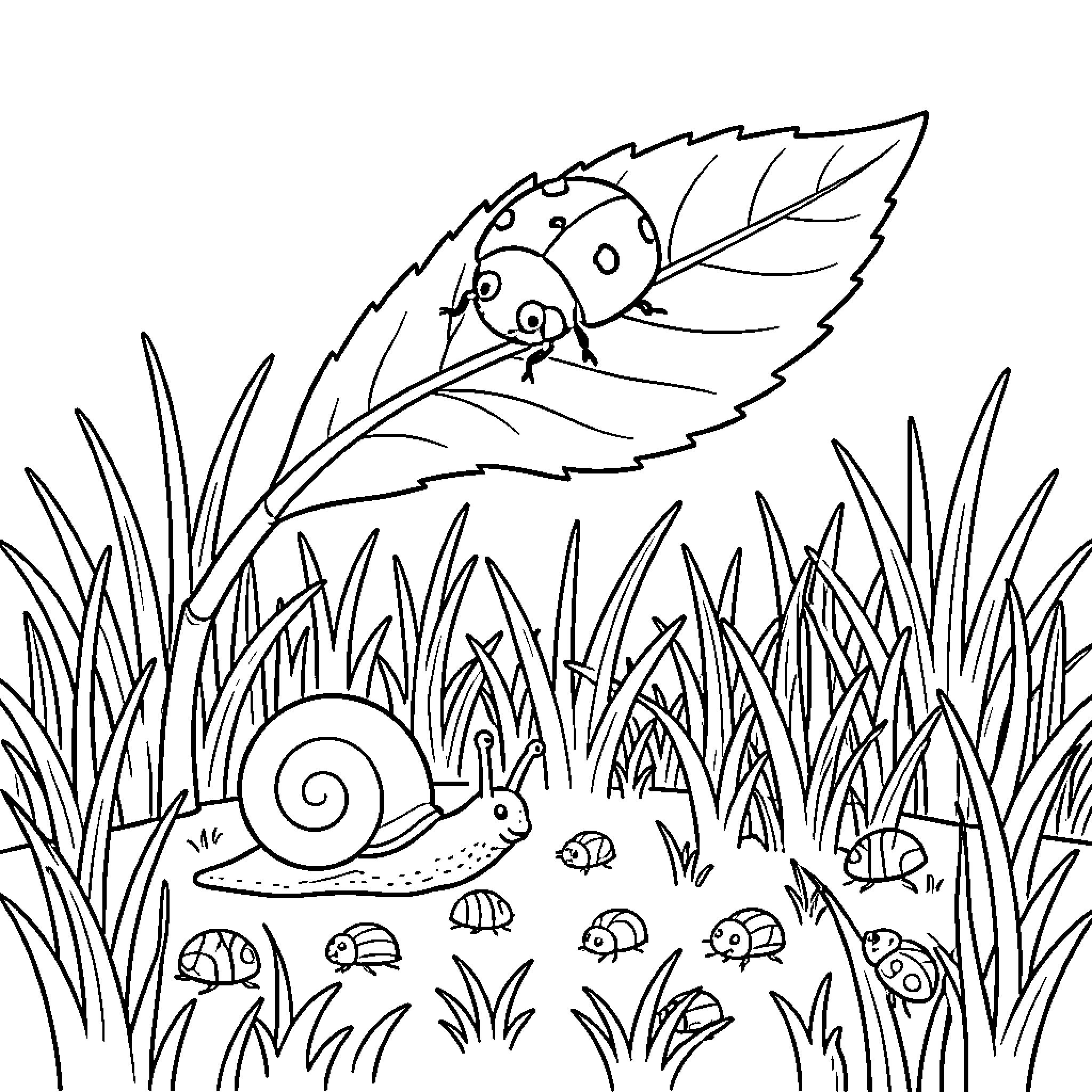 Insect creatures exploring the grassy outdoors Coloring Page (free black-and-white line drawing printable PDF for all, from beginners to advanced learners, including children, teens, adults, and seniors)