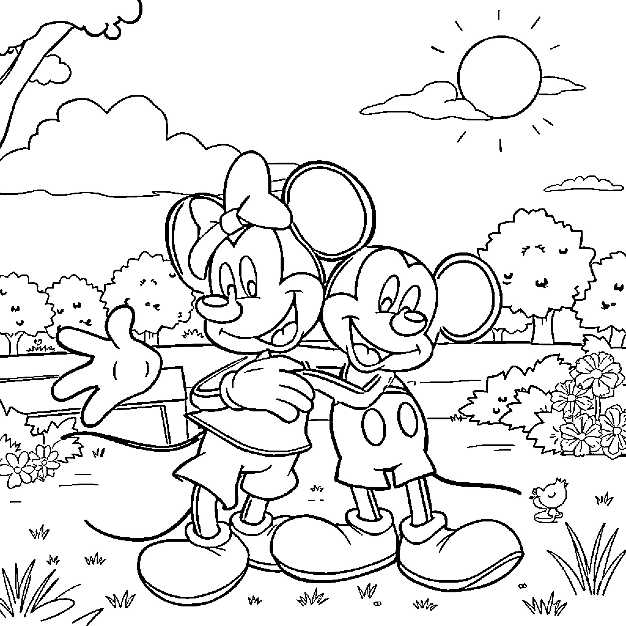 Bluey and Mickey Mouse enjoying the outdoors Coloring Page (free black-and-white line drawing printable PDF for all, from beginners to advanced learners, including children, teens, adults, and seniors)