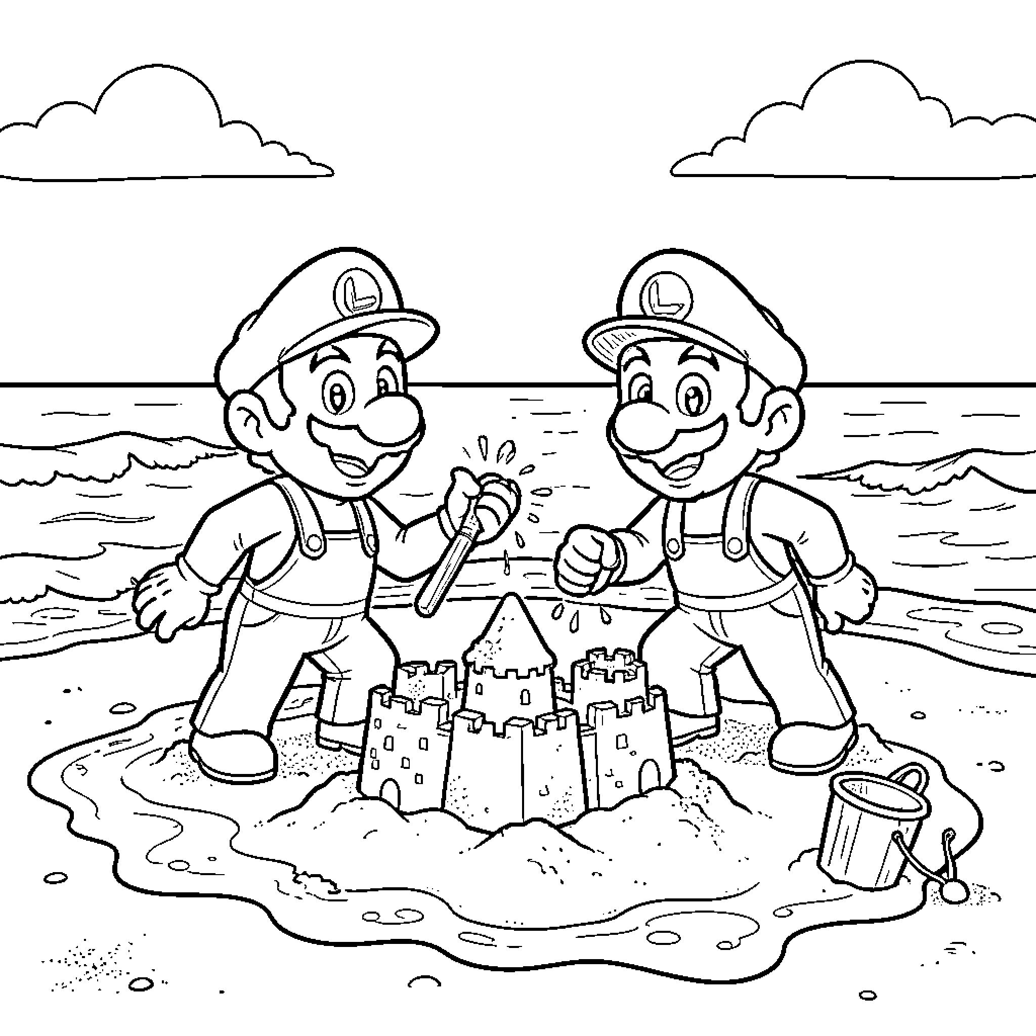 Mario and Luigi Building a Sandcastle on the Beach Coloring Page (free black-and-white line drawing printable PDF for all, from beginners to advanced learners, including children, teens, adults, and seniors)