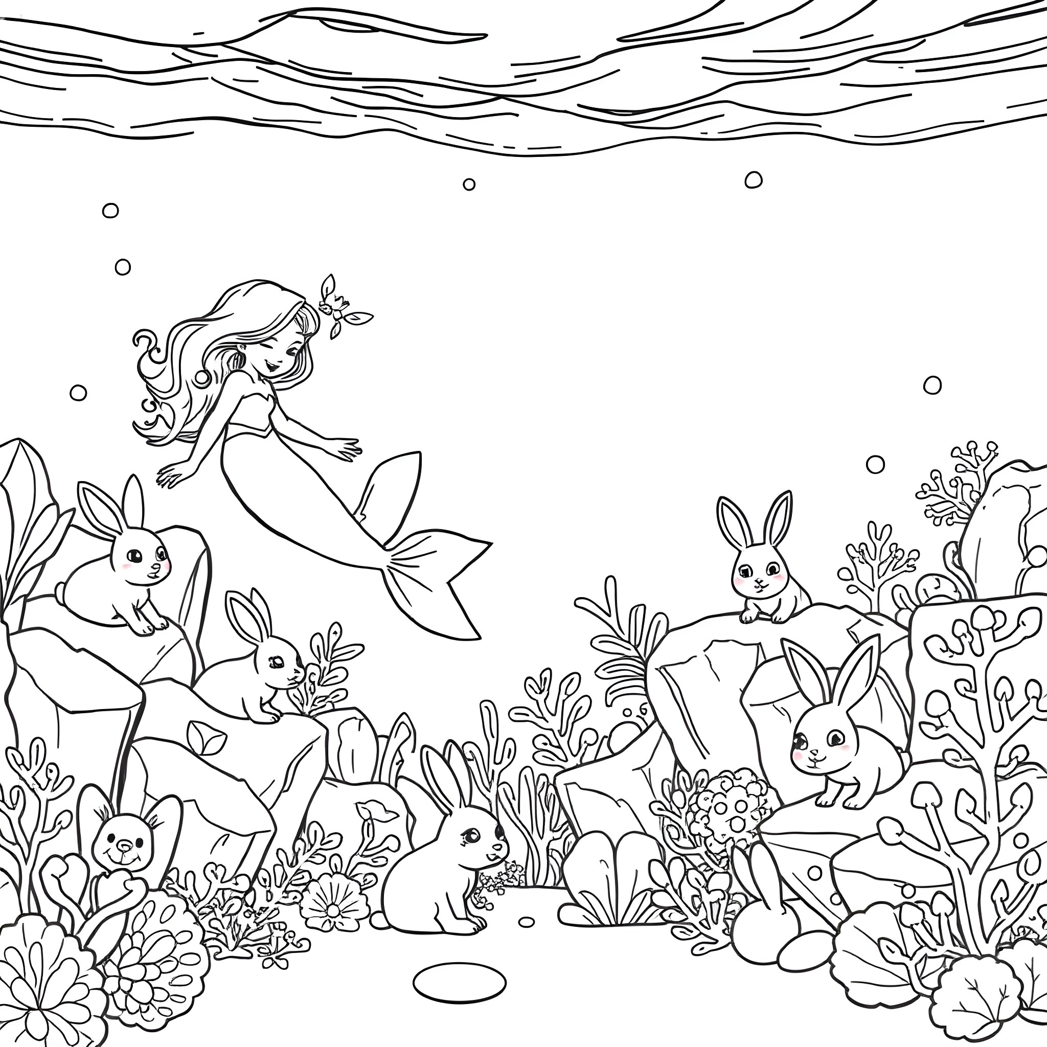 Mermaid and rabbits in the underwater garden Coloring Page (free black-and-white line drawing printable PDF for all, from beginners to advanced learners, including children, teens, adults, and seniors)