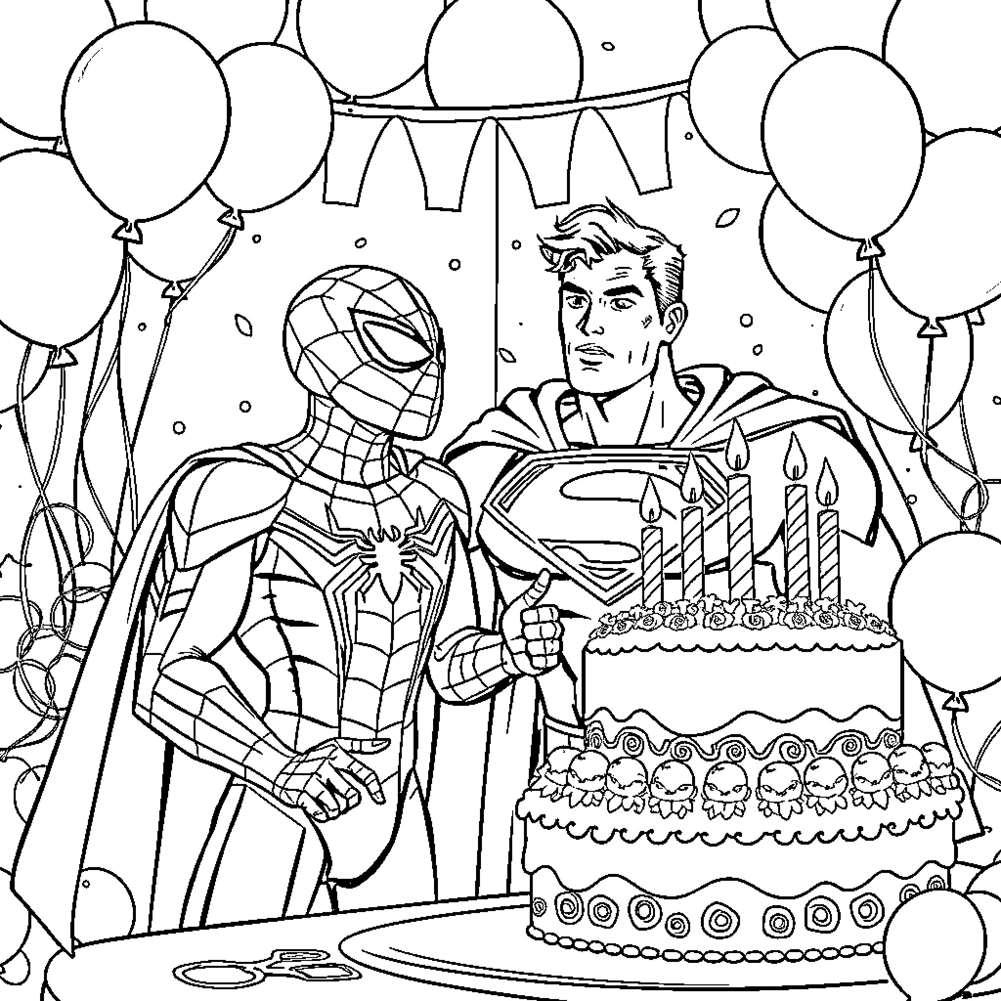 Spider-Man celebrating birthday with superhero friend Coloring Page (free black-and-white line drawing printable PDF for all, from beginners to advanced learners, including children, teens, adults, and seniors)