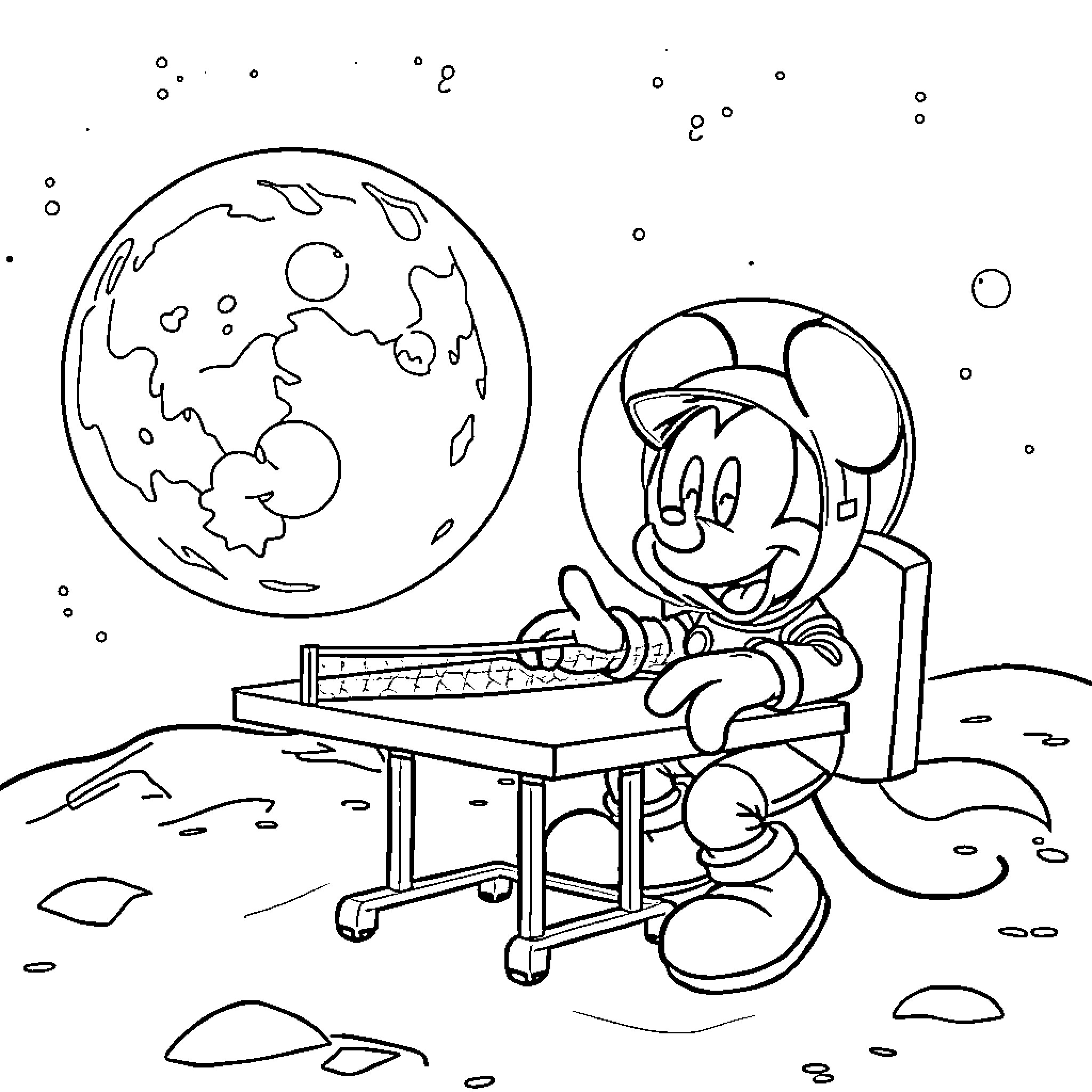 Mickey exploring the cosmos with his telescope Coloring Page (free black-and-white line drawing printable PDF for all, from beginners to advanced learners, including children, teens, adults, and seniors)