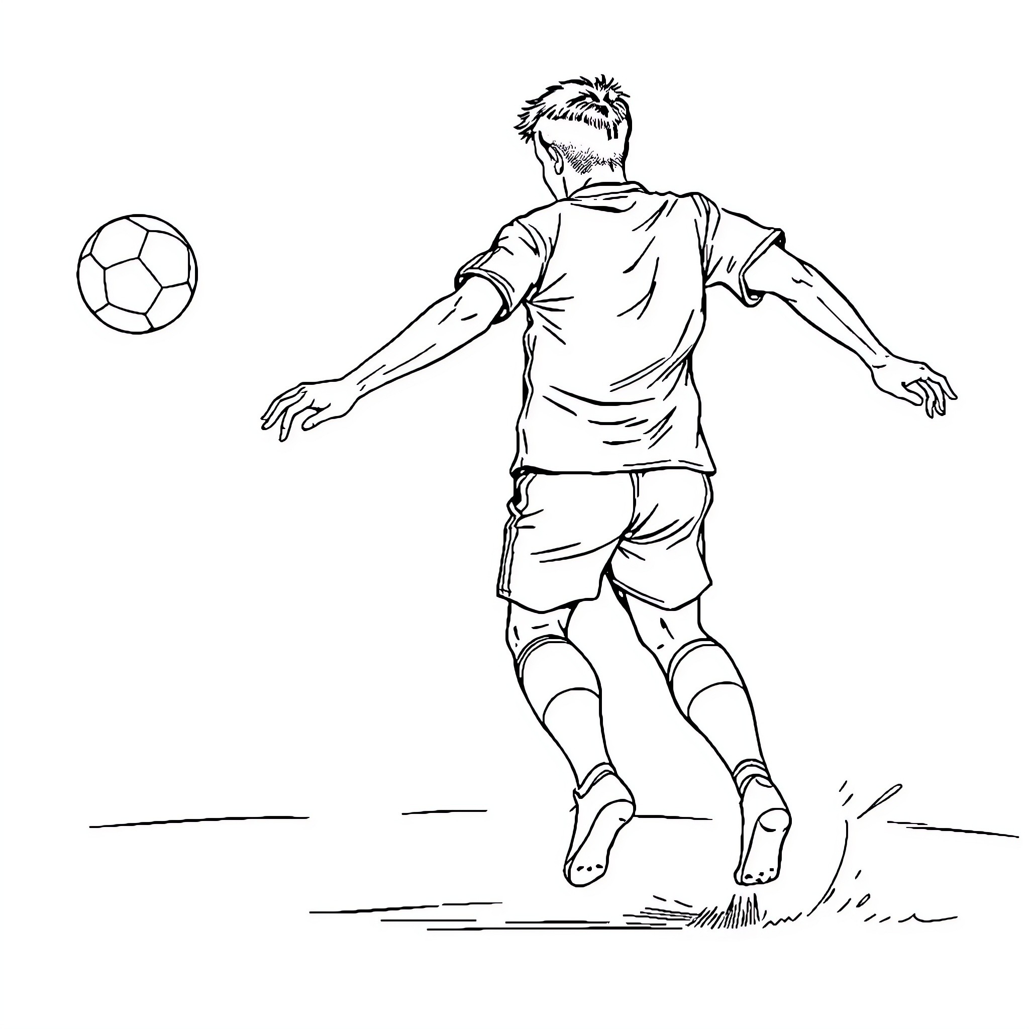 Footballer kicking ball energetically on field Coloring Page (free black-and-white line drawing printable PDF for all, from beginners to advanced learners, including children, teens, adults, and seniors)