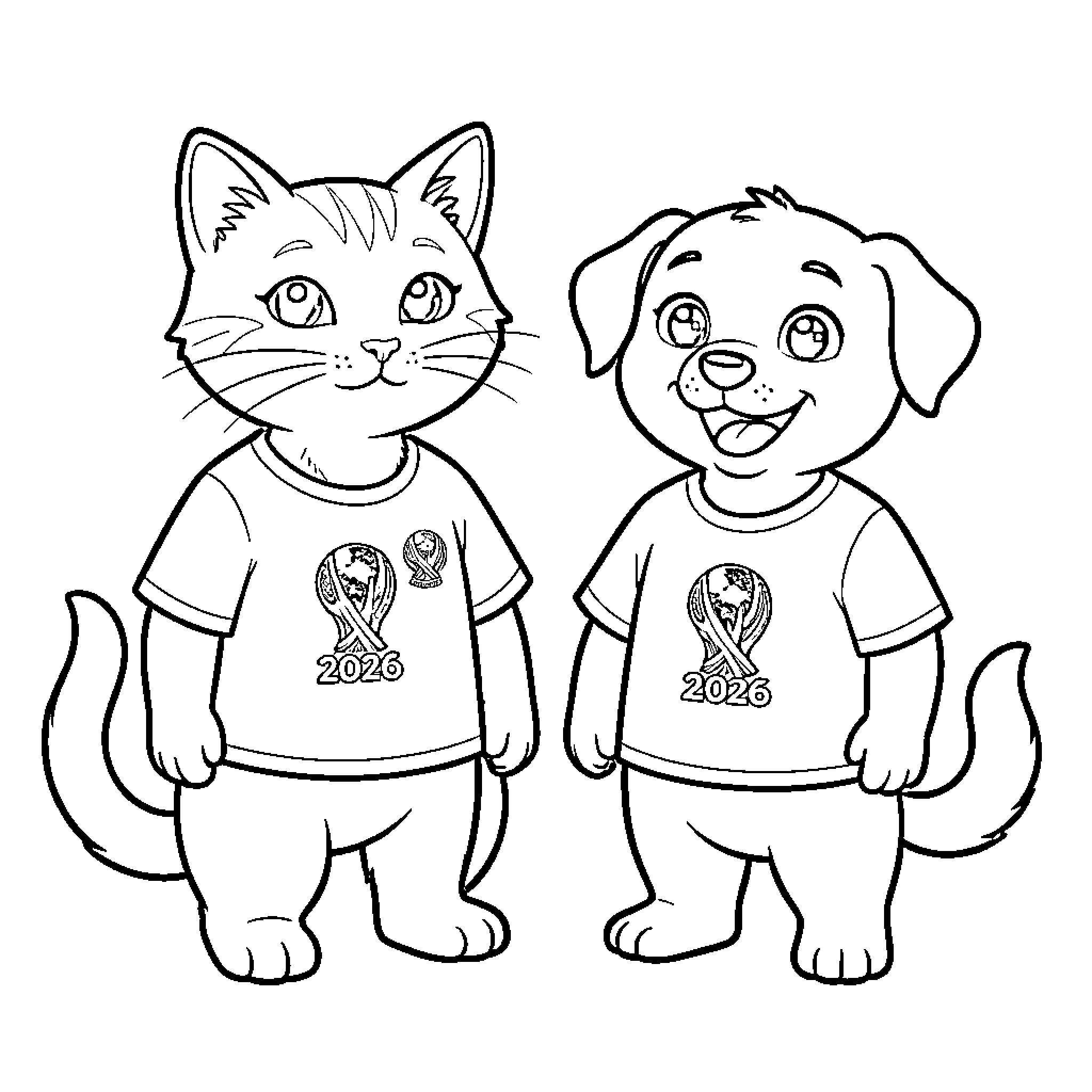 Cat and Dog Wearing 2026 Shirts Coloring Page (free black-and-white line drawing printable PDF for all, from beginners to advanced learners, including children, teens, adults, and seniors)