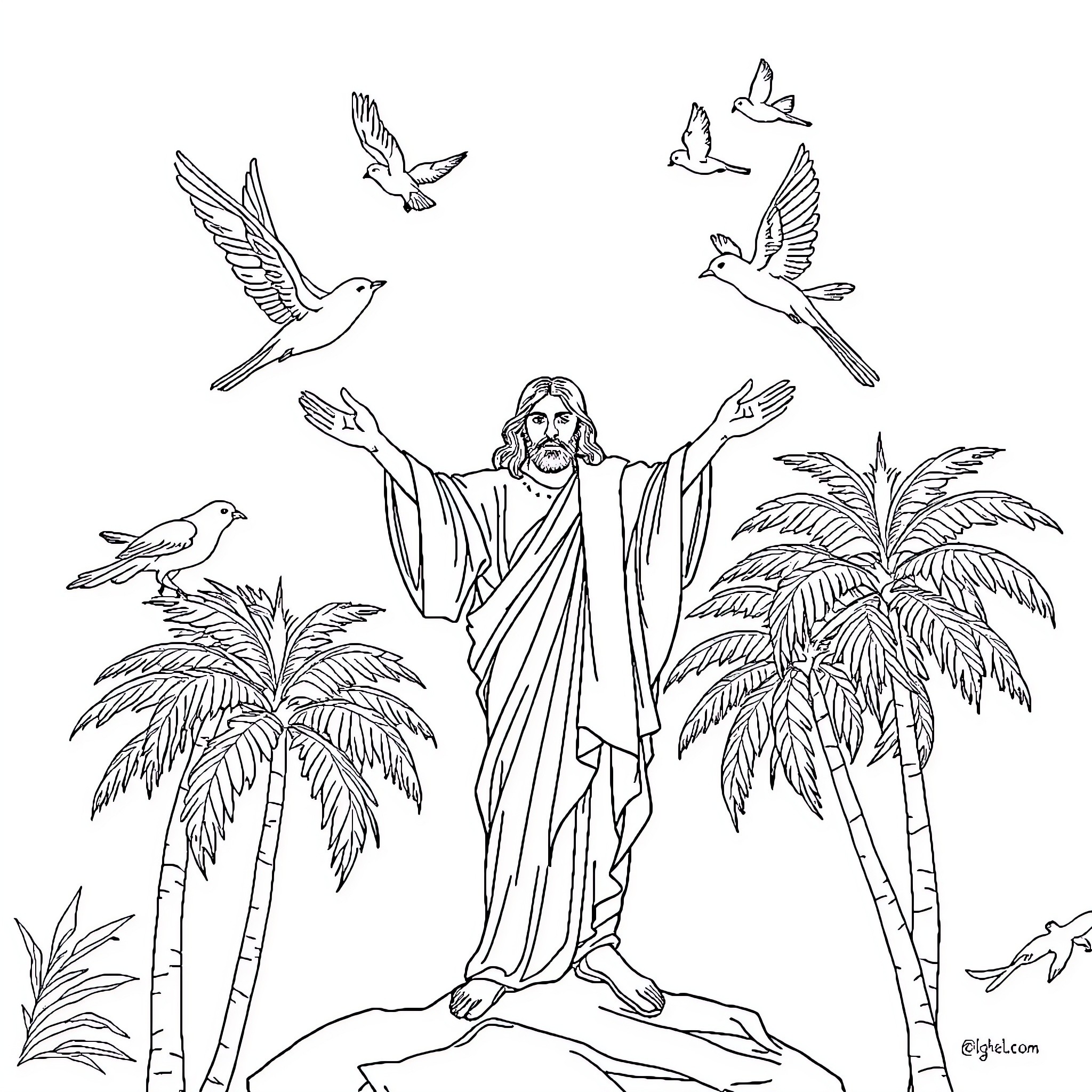 Christ Welcomes the Birds in the Peaceful Garden Coloring Page (free black-and-white line drawing printable PDF for all, from beginners to advanced learners, including children, teens, adults, and seniors)