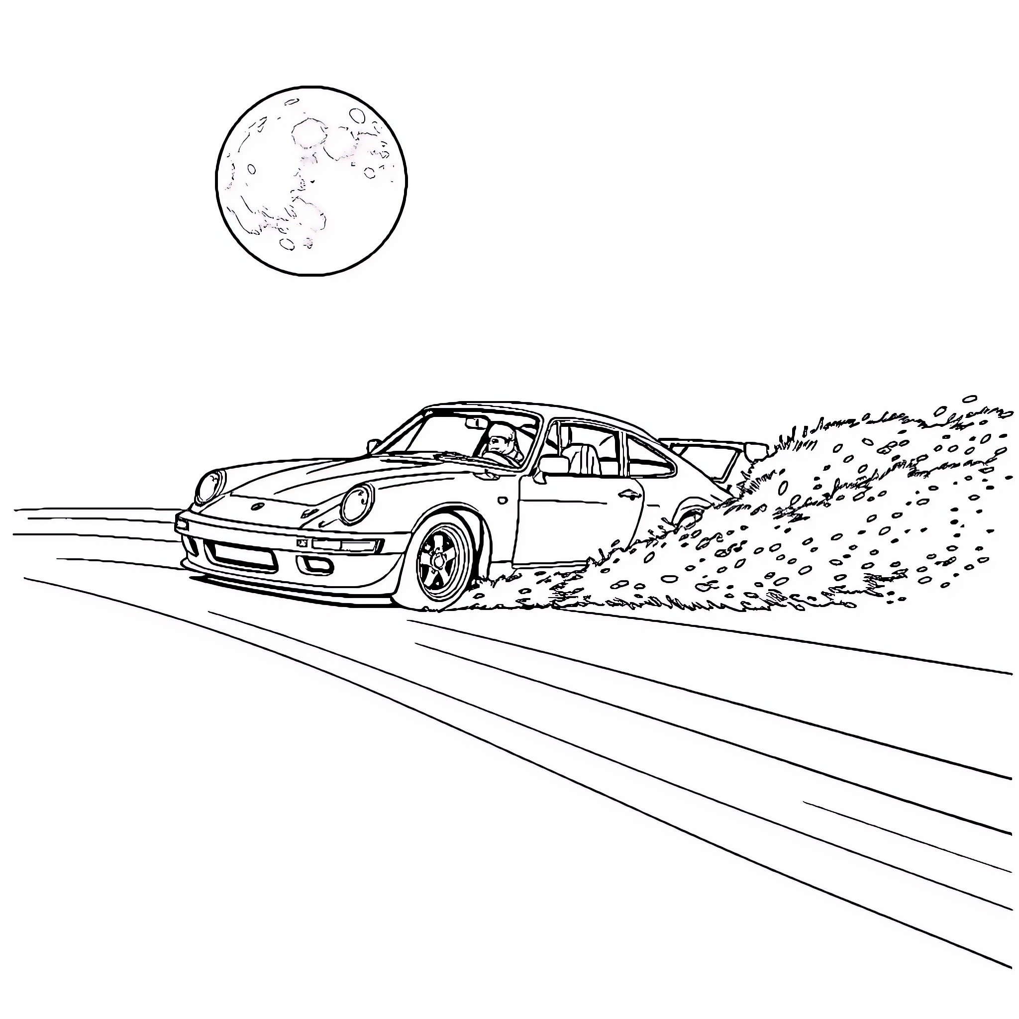 Car racing down a dusty road Coloring Page (free black-and-white line drawing printable PDF for all, from beginners to advanced learners, including children, teens, adults, and seniors)