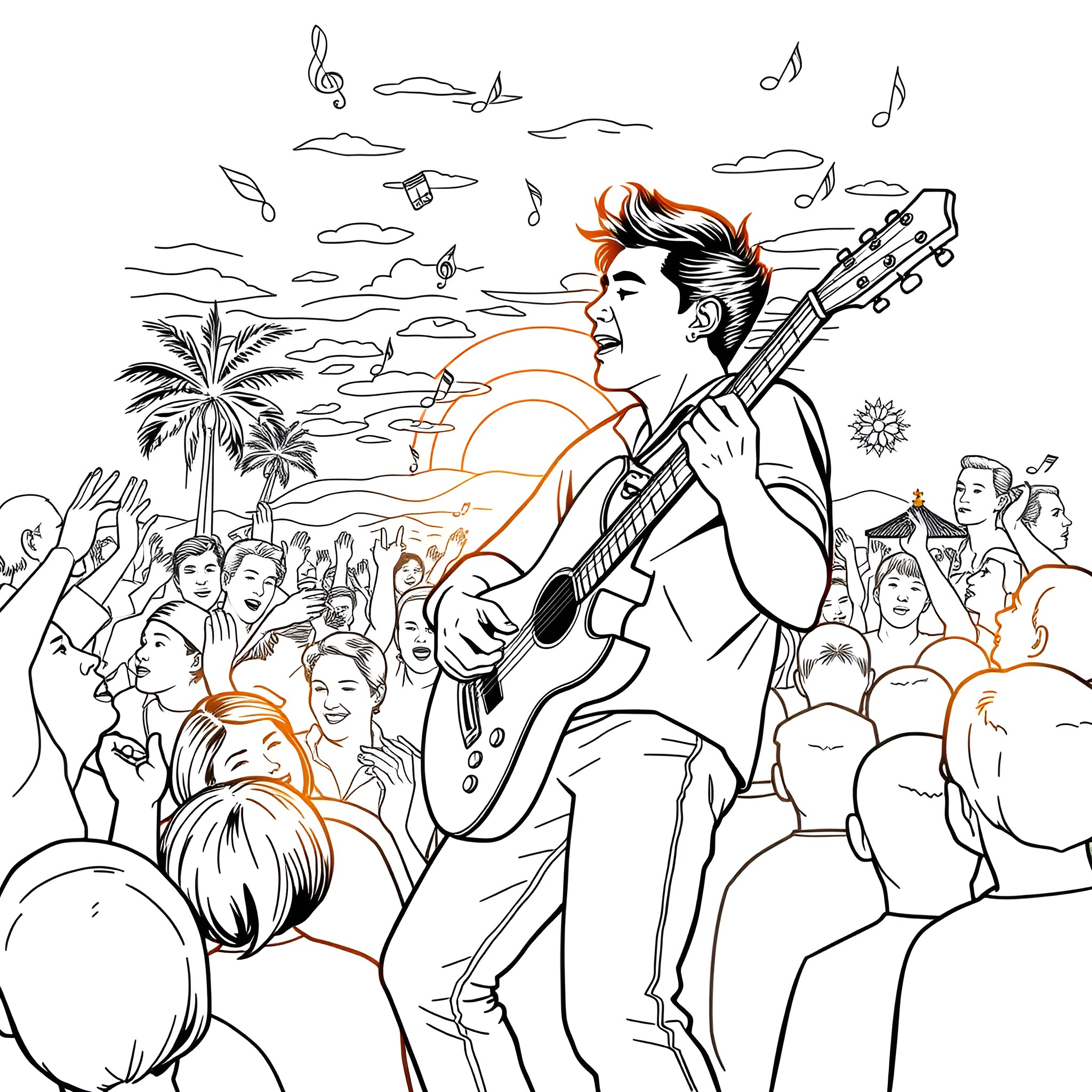 Ariel Camacho performing on stage with fans Coloring Page (free black-and-white line drawing printable PDF for all, from beginners to advanced learners, including children, teens, adults, and seniors)
