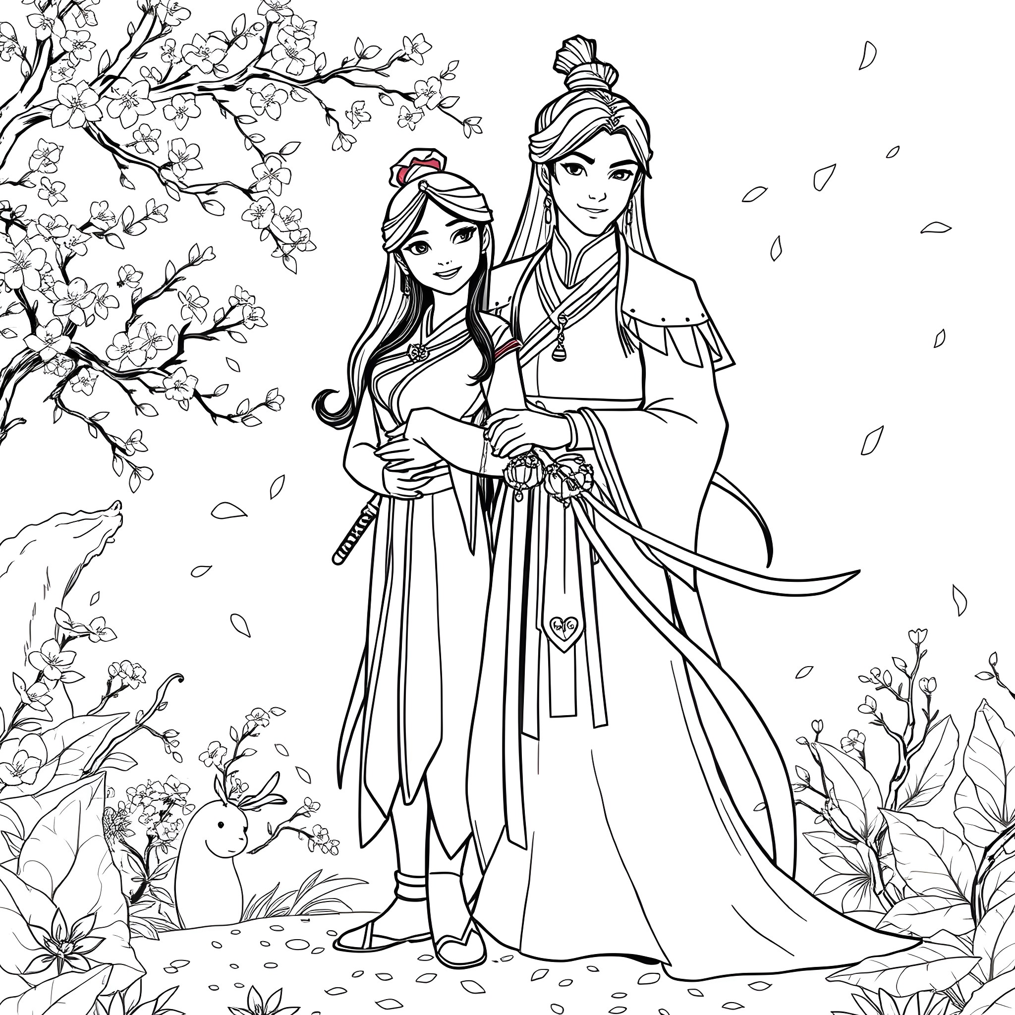 Mulan and Mei Mei in Traditional Dress amid Nature Coloring Page (free black-and-white line drawing printable PDF for all, from beginners to advanced learners, including children, teens, adults, and seniors)