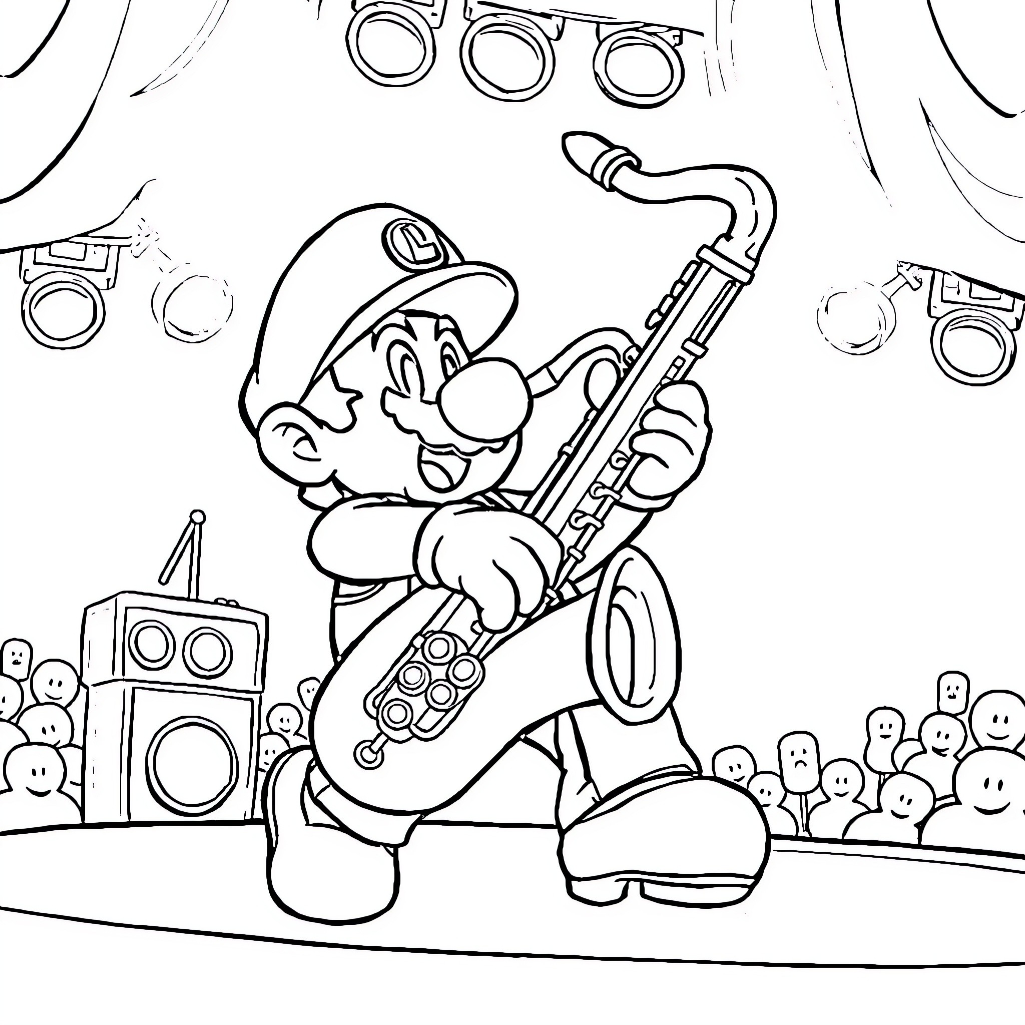 Super Mario Playing the Saxophone on Stage Coloring Page (free black-and-white line drawing printable PDF for all, from beginners to advanced learners, including children, teens, adults, and seniors)