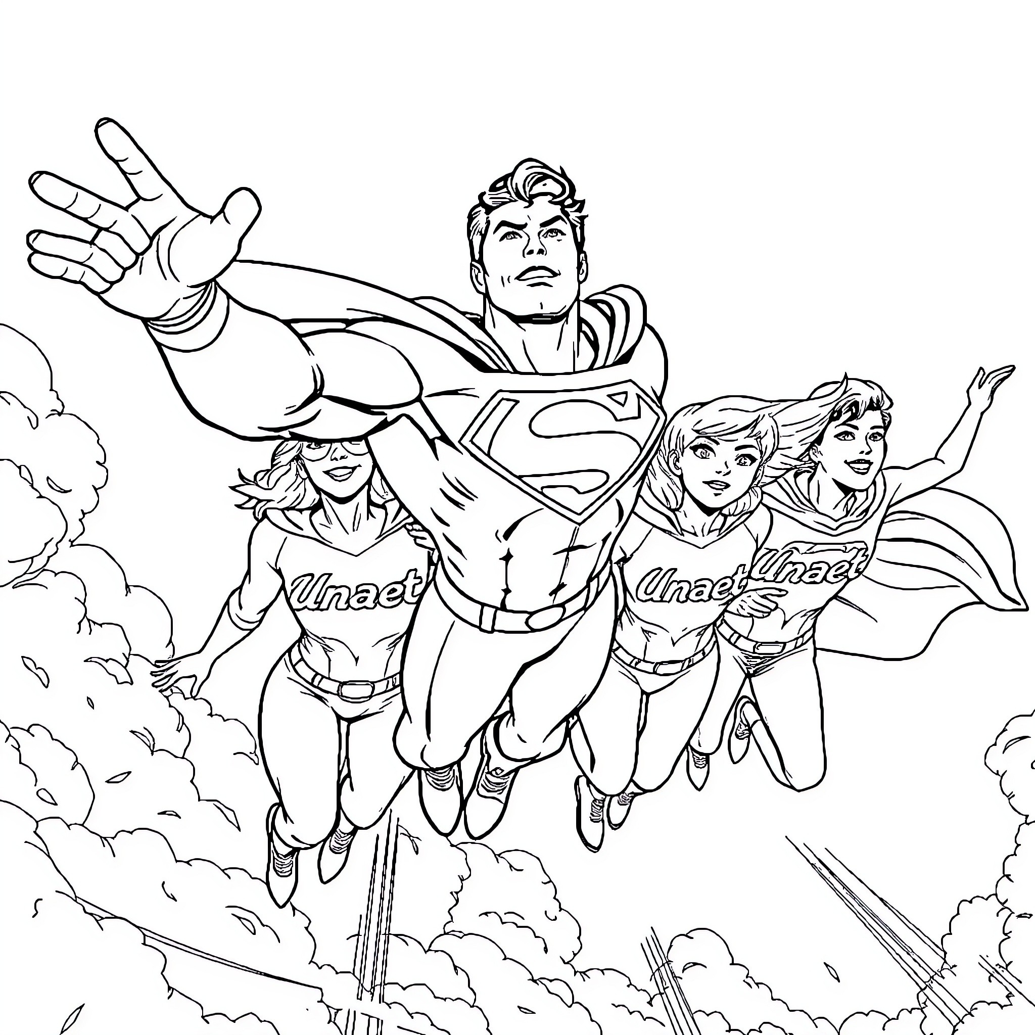 Superman and superhero companions in action Coloring Page (free black-and-white line drawing printable PDF for all, from beginners to advanced learners, including children, teens, adults, and seniors)