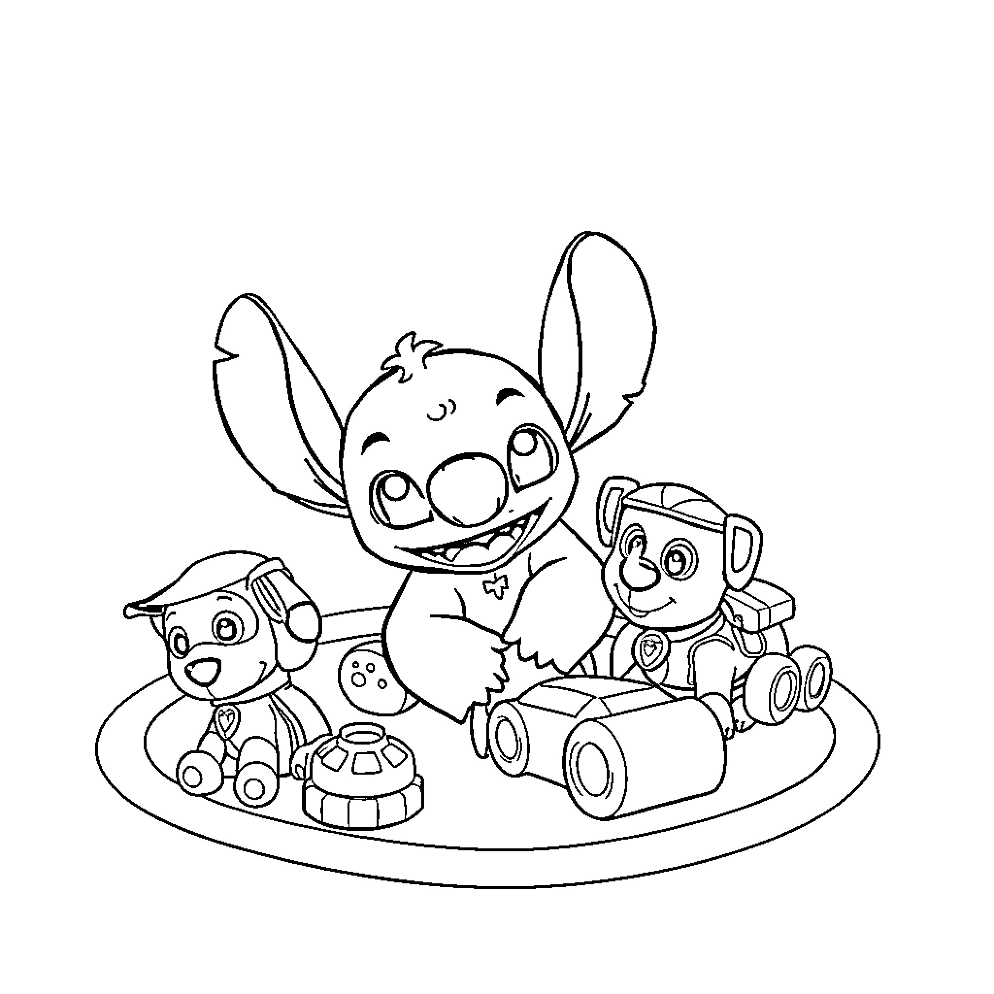 Stitch playing with toys in the park Coloring Page (free black-and-white line drawing printable PDF for all, from beginners to advanced learners, including children, teens, adults, and seniors)