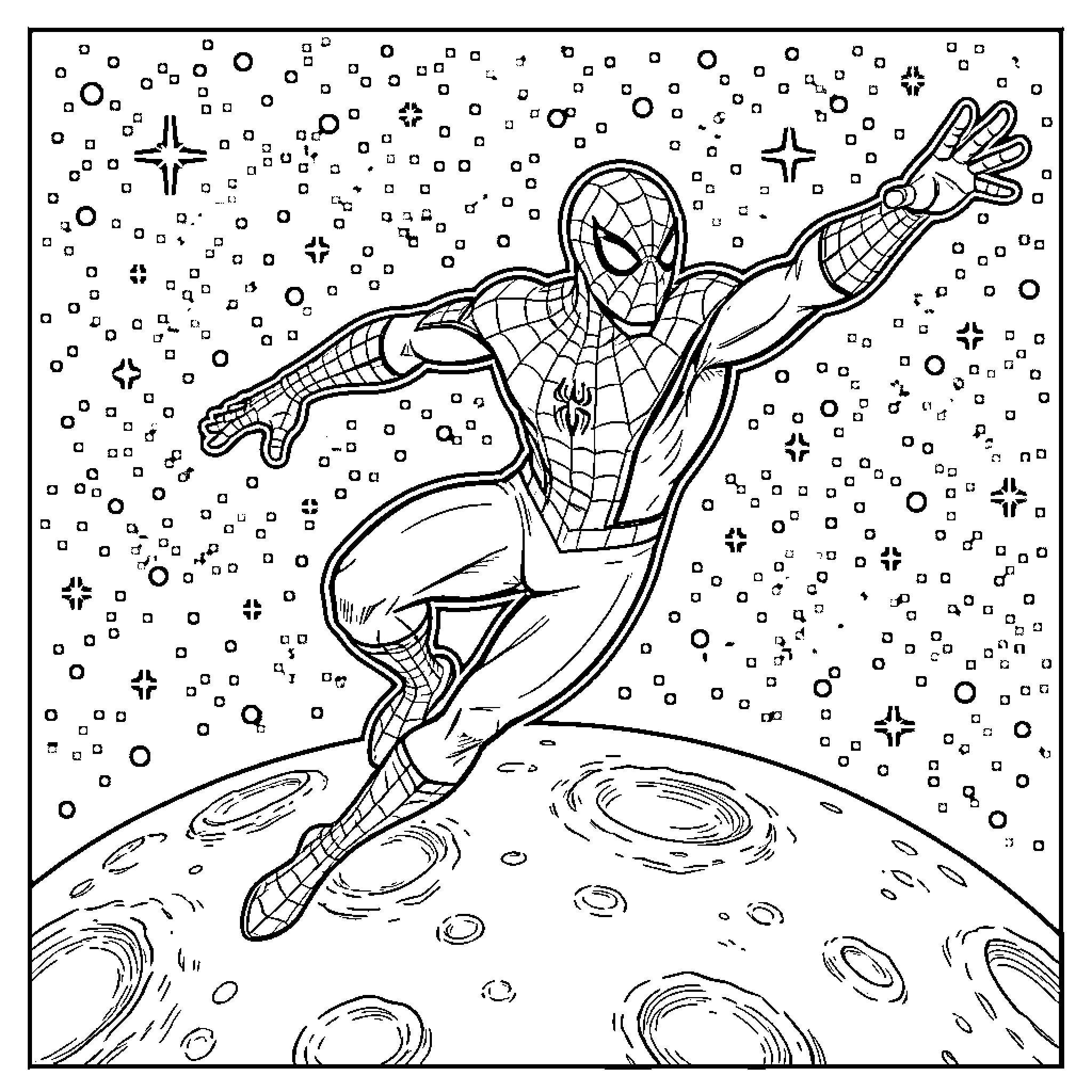 Spiderman leaping heroically above a cratered moon surface Coloring Page (free black-and-white line drawing printable PDF for all, from beginners to advanced learners, including children, teens, adults, and seniors)
