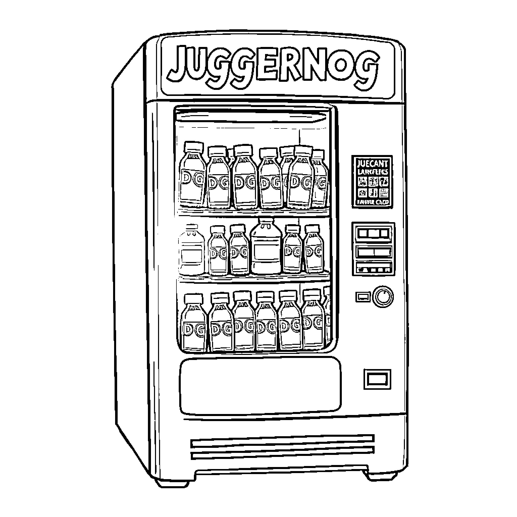 Juggernog vending machine filled with drinks Coloring Page (free black-and-white line drawing printable PDF for all, from beginners to advanced learners, including children, teens, adults, and seniors)
