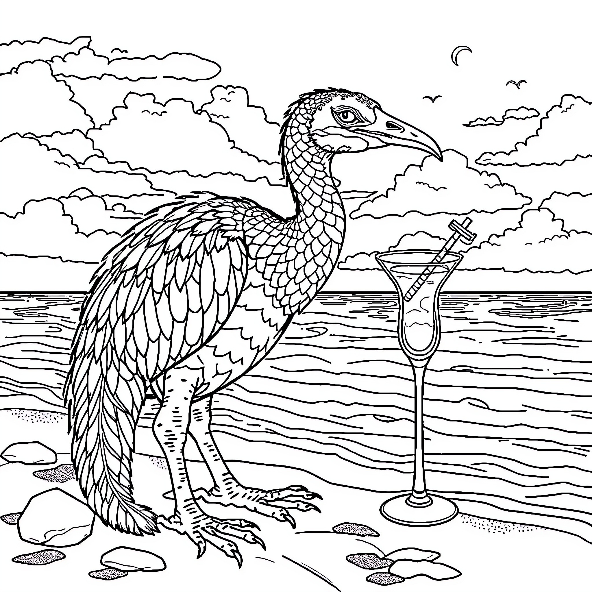 Dromadaire bird enjoying a drink by the beach Coloring Page (free black-and-white line drawing printable PDF for all, from beginners to advanced learners, including children, teens, adults, and seniors)