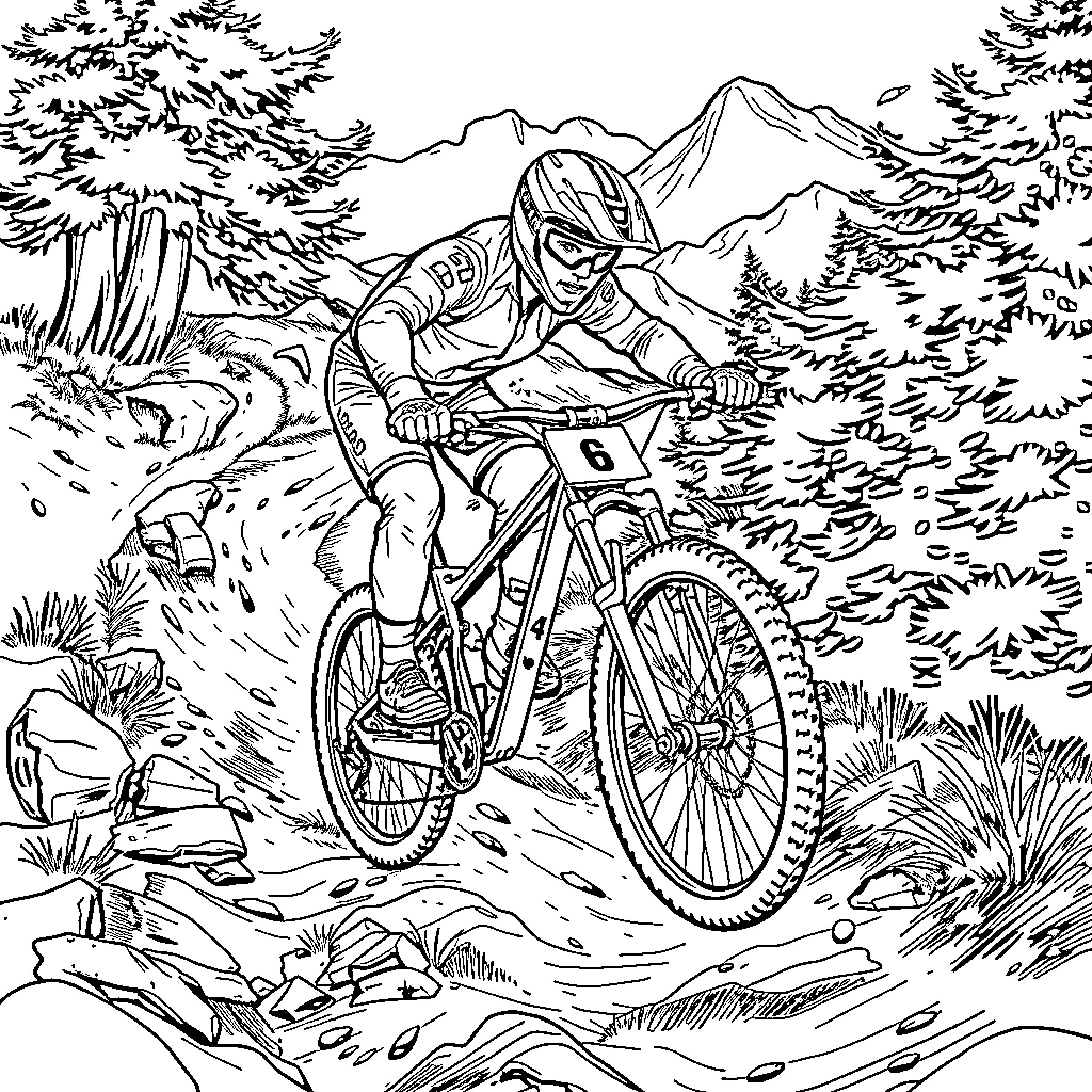 Mountain Biker Navigating Rugged Terrain Coloring Page (free black-and-white line drawing printable PDF for all, from beginners to advanced learners, including children, teens, adults, and seniors)